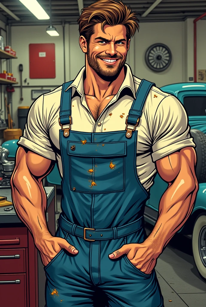 Create a cartoon style brown man with no hair and a close shave (to do), holding a wrench and with your free hand positioned on your waist 