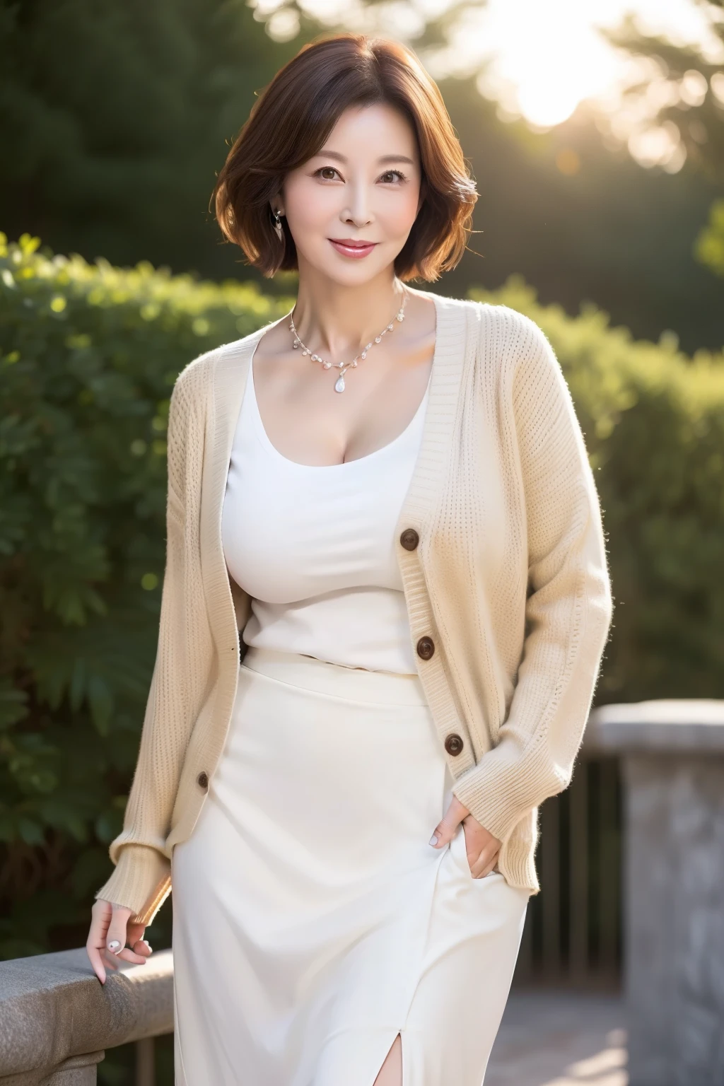  masterpiece, best quality , (Dear mature woman  .:1.5), ,（美しいMomiji Park でベンチに座る:1.8)、   Beautiful Sunset 、Sunset Park、（Momiji Park :2.3)、Looking at me with a smile、Full Body Photo Night，(  light brown cardigan and ivory skirt:1.3)、( beautiful mature woman:1.5)，、 long legs ， skin ，（ Small face:1.3)，  Panoramic View，（Small wrinkles :1.7),（ A little thick:1.4)、，( Big Breasts:1.6)，( 60歳を超えた beautiful mature woman:1.8),  （Beautiful upstyled hair :1.5)、  perfect face,,  (  Detailed Facial Features ),  (Pretty and graceful face :1.6)、  necklace 、   Earrings for One Woman、