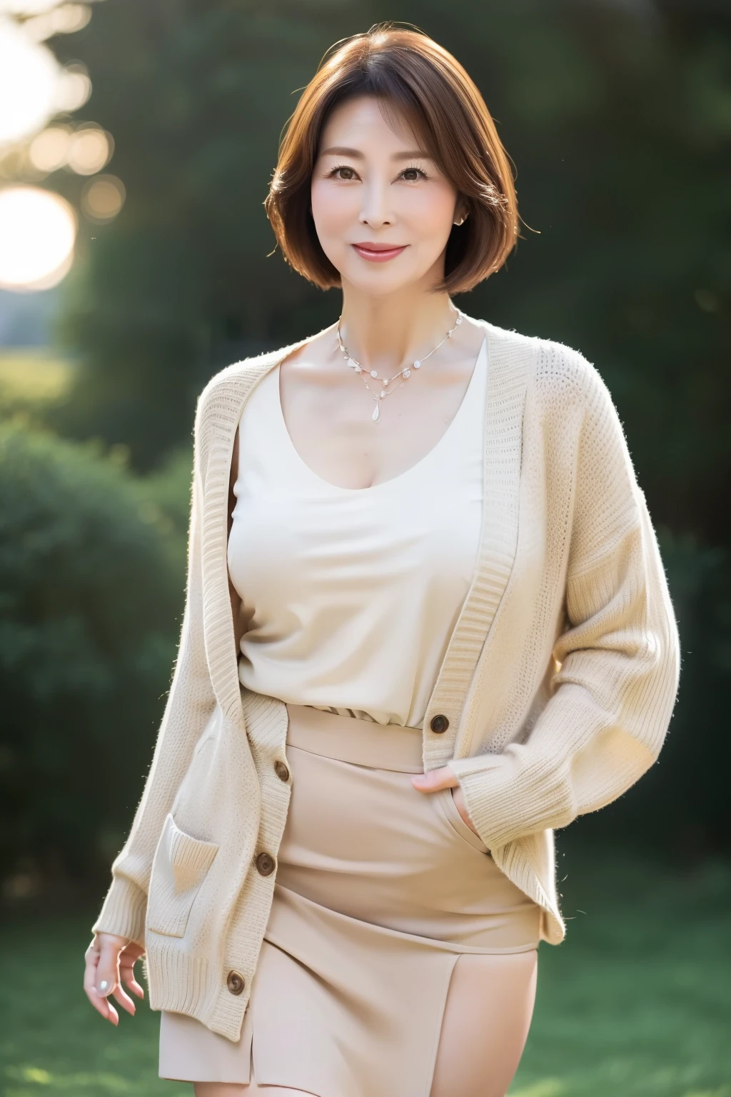  masterpiece, best quality , (Dear mature woman  .:1.5), ,（美しいMomiji Park でベンチに座る:1.8)、   Beautiful Sunset 、Sunset Park、（Momiji Park :2.3)、Looking at me with a smile、Full Body Photo Night，(  light brown cardigan and ivory skirt:1.3)、( beautiful mature woman:1.5)，、 long legs ， skin ，（ Small face:1.3)，  Panoramic View，（Small wrinkles :1.7),（ A little thick:1.4)、，( big breasted:1.6)，( 60歳を超えた beautiful mature woman:1.8),  （Beautiful upstyled hair :1.5)、  perfect face,,  (  Detailed Facial Features ),  (Pretty and graceful face :1.6)、  necklace 、   Earrings for One Woman、