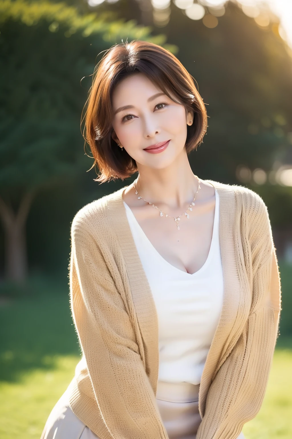  masterpiece, best quality , (Dear mature woman  .:1.5), ,（美しいMomiji Park でベンチに座る:1.8)、   Beautiful Sunset 、Sunset Park、（Momiji Park :2.3)、Looking at me with a smile、Full Body Photo Night，(  light brown cardigan and ivory skirt:1.3)、( beautiful mature woman:1.5)，、 long legs ， skin ，（ Small face:1.3)，  Panoramic View，（Small wrinkles :1.7),（ A little thick:1.4)、，( big breasted:1.6)，( 60歳を超えた beautiful mature woman:1.8),  （Beautiful upstyled hair :1.5)、  perfect face,,  (  Detailed Facial Features ),  (Pretty and graceful face :1.6)、  necklace 、   Earrings for One Woman、