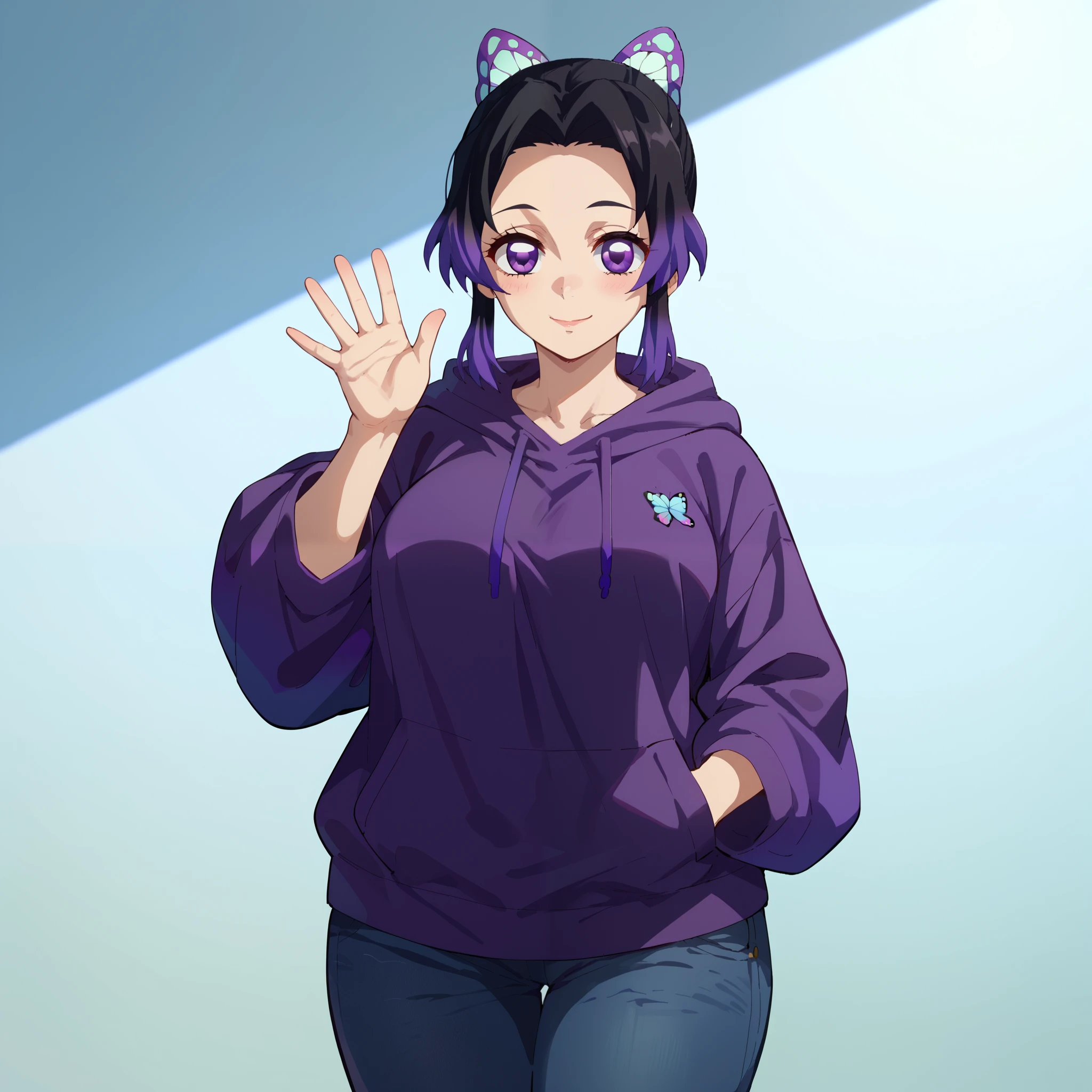 1girl, solo, shinobu kochou, black hair, ponytail, butterfly hair ornament, forehead, gradient hair, hair ornament, multicolored hair, parted bangs, purple hair, short hair, two-tone hair, big breasts, wide hips, thick thighs, purple oversized hoodie, skinny jeans, hand on pockets, waving hand, blushed, smile, standing, looking at viewer, simple background, from the front view