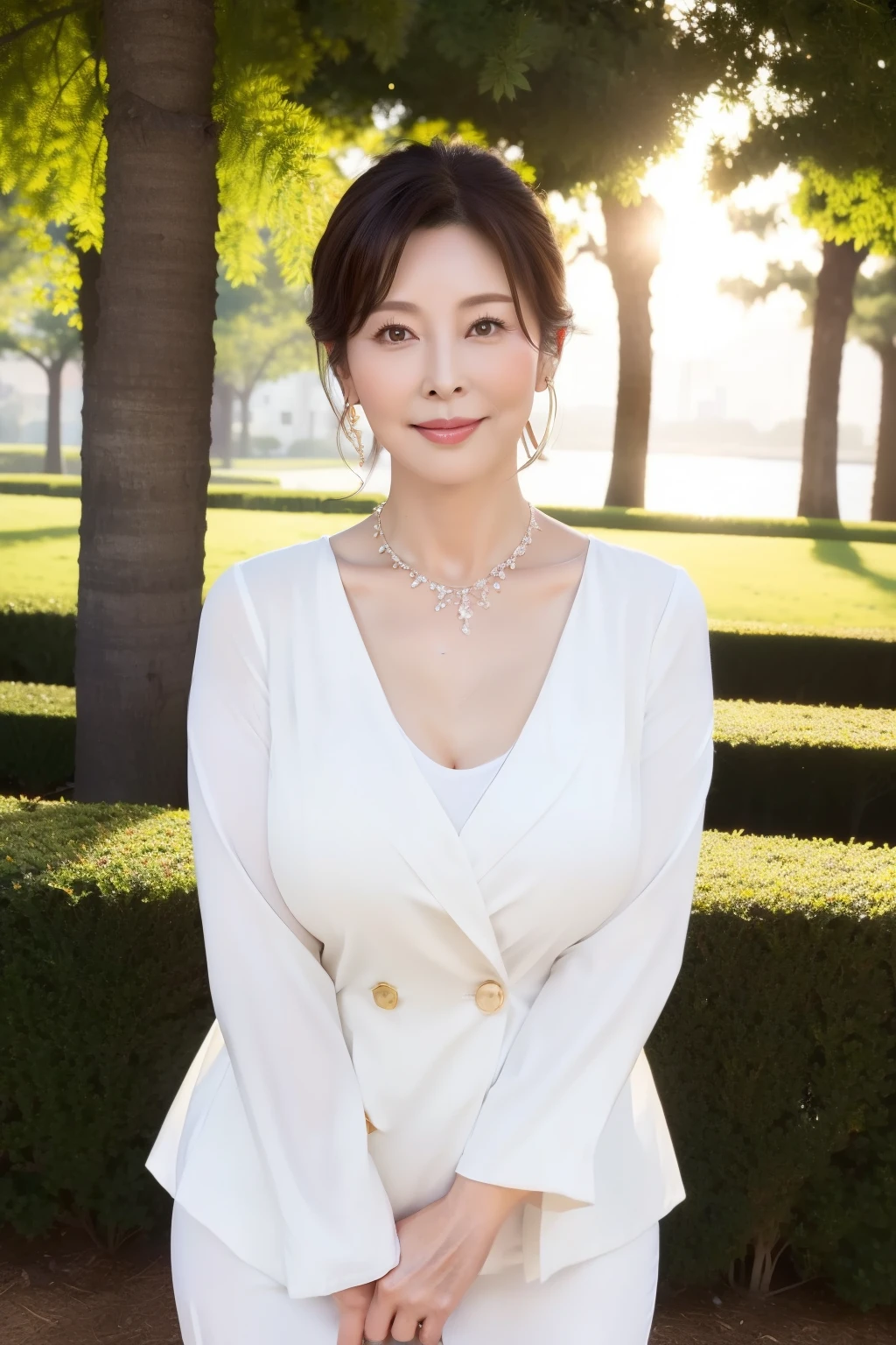 masterpiece, best quality , (Dear mature woman .:1.5), ,(美しいMomiji Park でベンチに座る:1.8)、 Beautiful Sunset 、Sunset Park、(Momiji Park :2.3)、Looking at me with a smile、Full Body Photo Night,(Simple everyday wear、Clothes with a wide open chest)、( beautiful mature woman:1.5),、 long legs , skin ,( Small face:1.3), Panoramic View,(Small wrinkles :1.7),( A little thick:1.4)、,( big breasted:1.6),( 60歳を超えた beautiful mature woman:1.8), (Beautiful upstyled hair :1.5)、 perfect face,, ( Detailed Facial Features ), (Pretty and graceful face :1.6)、 necklace 、 Earrings for One Woman、