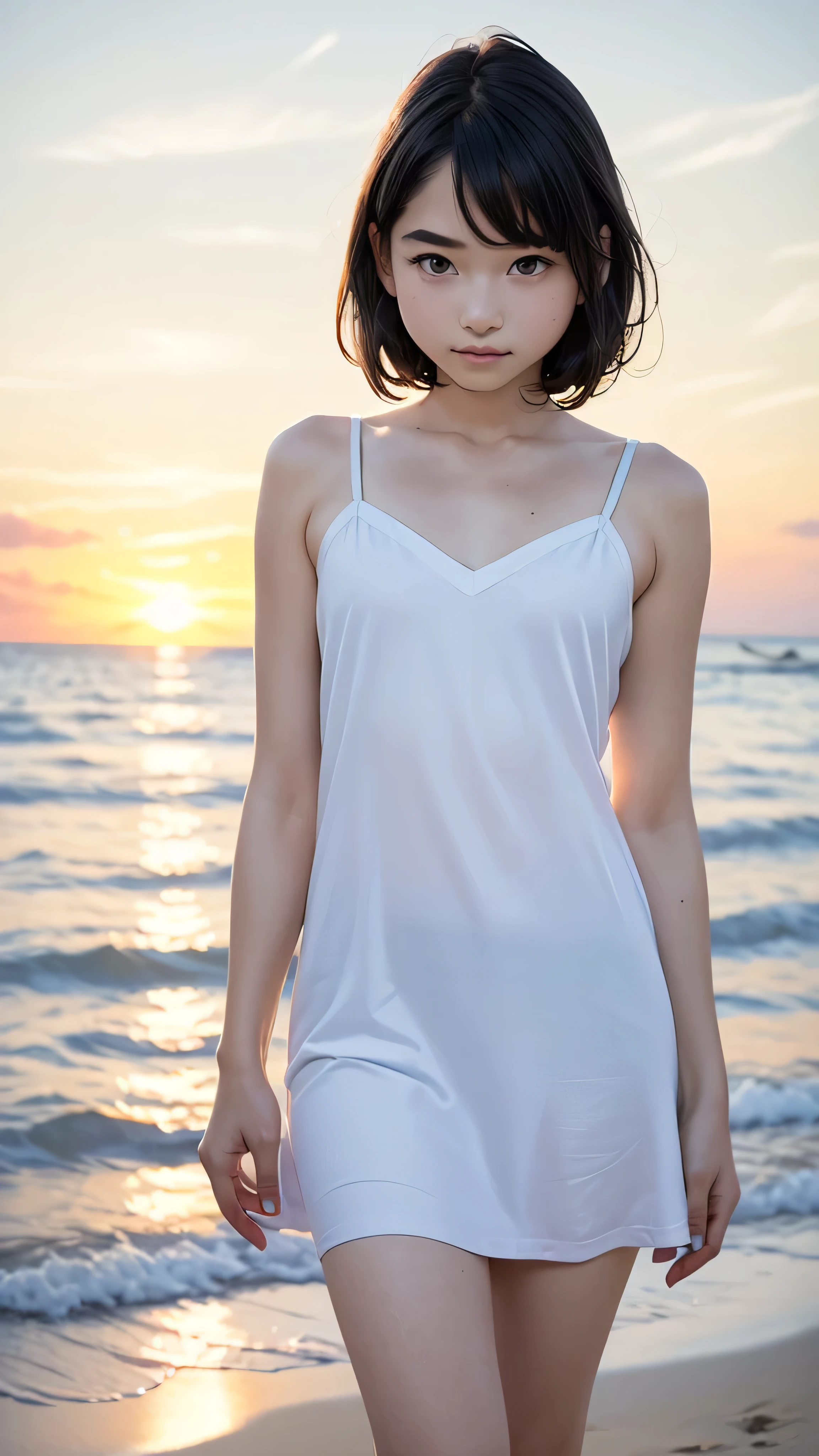 one girl, (ars old:1.4),(Very Young Face),(Japanese famous idol), cute face, ash gray hair:1.5, bob hair, short hair, camera's line of sight, small breasts, An ennui look, (((camisole, dress))) , particles of light, sea of ​​sunset, calm sea, white sand beach, very beautiful sunset, RAW photo, highest quality, High resolution, High resolution, masterpiece:1.3, 8k, 12k, professional photographer,((Extremely precise and accurate anatomy:1.0)),Kind eyes,Graceful pose,(Beauty of form:1.4) Golden ratio, big eye,(nature's providence:1.4),