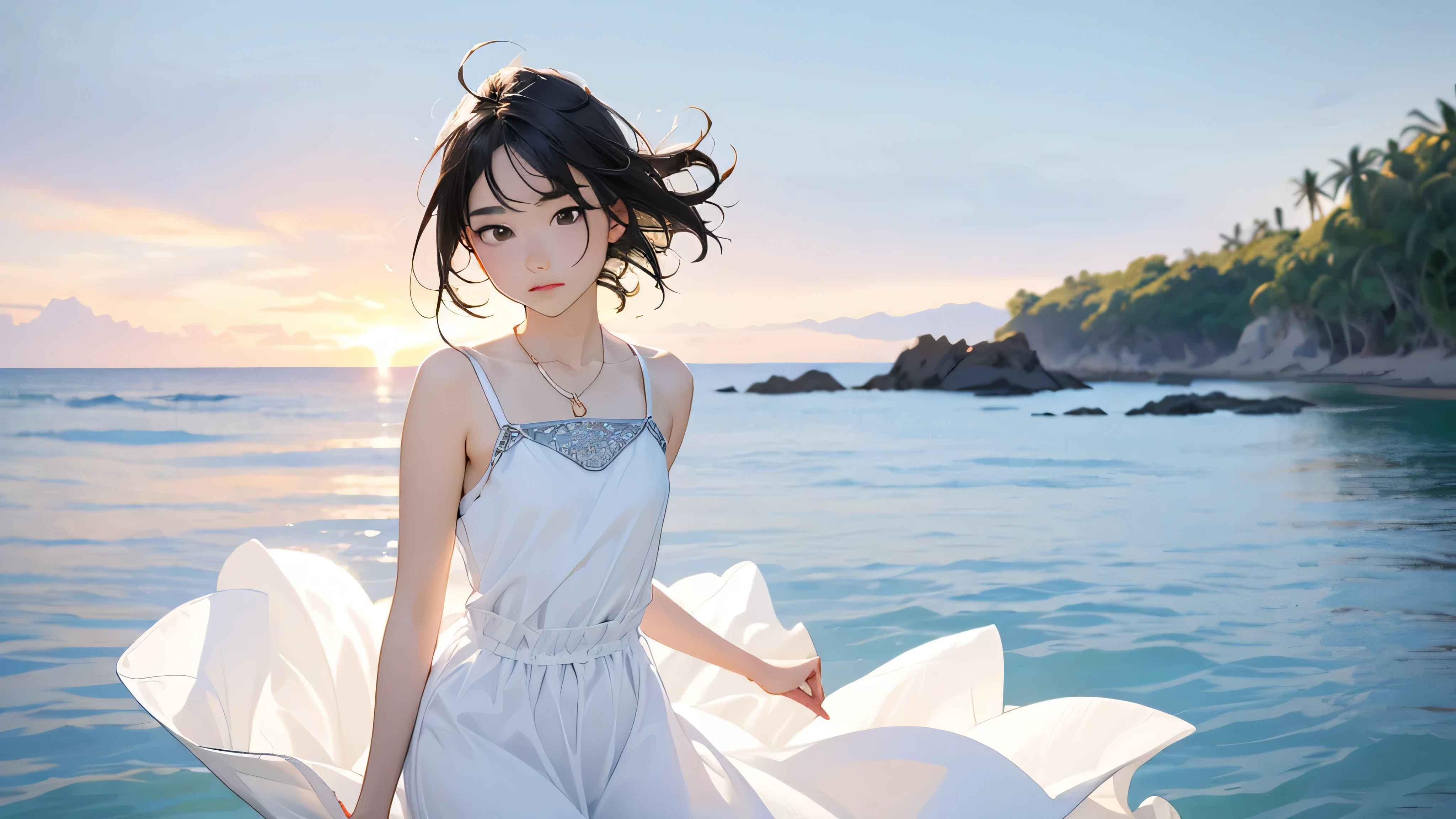 one girl, (12years old:1.4),(Very Young Face),(Japanese famous idol), cute face, ash gray hair:1.5, bob hair, short hair, camera's line of sight, small breasts, An ennui look, (((camisole, dress))) , particles of light, sea of ​​sunset, calm sea, white sand beach, very beautiful sunset, RAW photo, highest quality, High resolution, High resolution, masterpiece:1.3, 8k, 12k, professional photographer,((Extremely precise and accurate anatomy:1.0)),Kind eyes,Graceful pose,(Beauty of form:1.4) Golden ratio, big eye,(nature's providence:1.4),