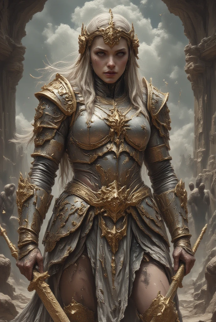 1 person, female, 23 years old, mysterious beautiful girl, perfect anatomy, perfect proportions, perfect face, Platinumblonde hair, straight long hair, fair skin, silver plate armor covering the whole body, luxuriously engraved decorations, golden sheath, golden large sword, whole body, dynamic pose, FLUXCinematic, Surreal art, Warrior, sword man, strong men, old style, war scene, love for nation, fight,Tensarart,ai character