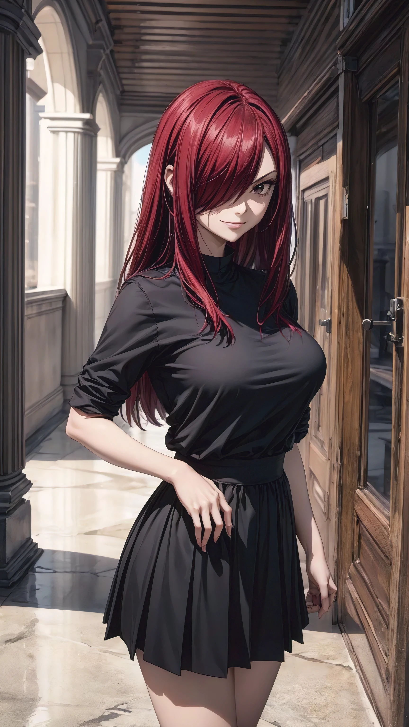 Erza Scarlet, (((red hair, long hair, hair over one eye, Hd Browns eyes))), ((((casual black shirt, black skirt,dress modestly)))), has model style, oppai, full cosplay, Ultra HD Quality, ((sharp face)), official art, beautiful, ((mature, 30 years old)), evil smile, ((big round breast)), perfect body, ((Ultra HD Quality Wallpaper, HD picture, 16k Quality Wallpaper)), 1 female, solo, female, ((1 woman, 1 female, ((solo)), one female, 1 woman)), detailed face, detailed art, (((standing model pose))), hd background, half body, (((Evil Smile))), (((masterpiece, best quality:1.2))), 1girl, solo, ultra high resolution, 8K, 16K, ultra high quality, RAW photo, ((extremly detailed)), high quality, charm, asian girl face, beautiful, the best lightin, the best proportion pose, soft light, natural light, detailed light, realistic light, Professional, Amazing, the best visual, enhance, ultra-high detail, 8K, 16K, ultra-high realistic, high resolution, the best resolution, high rendering realistic, detail hands, detail anatomy, detail face, detail body, (high detail), detail arms, (high detail fingers), the best proportions, detail nails, (detail intricated), ((potrait)), the best pictures, the best images, hdr, dslr, fix , fit, full color,