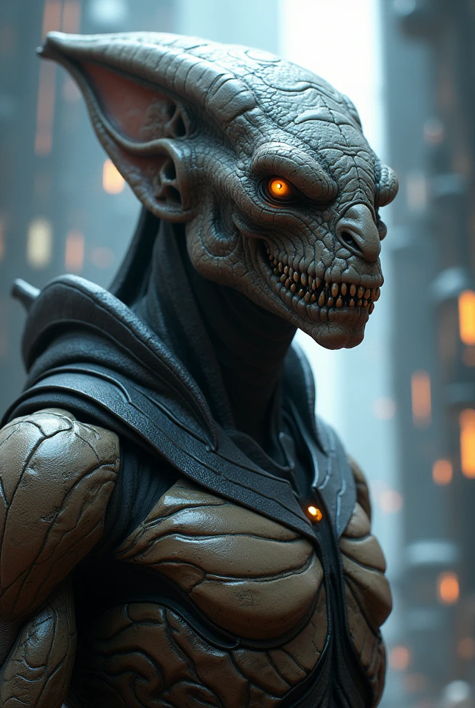 A humanoid with features similar to a Peale's dolphin, pointy ears, angry, fangs, dark skin, tribal outfit, claws, painted face, tribal tattoos, alien,