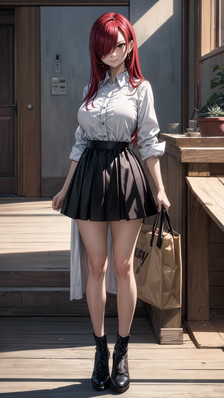 Erza Scarlet, (((red hair, long hair, hair over one eye, Hd Browns eyes))), ((((casual black shirt, black skirt,dress modestly)))), has model style, oppai, full cosplay, Ultra HD Quality, ((sharp face)), official art, beautiful, ((mature, 30 years old)), evil smile, ((big round breast)), perfect body, ((Ultra HD Quality Wallpaper, HD picture, 16k Quality Wallpaper)), 1 female, solo, female, ((1 woman, 1 female, ((solo)), one female, 1 woman)), detailed face, detailed art, (((standing model pose))), hd background, ((half body)), (((Evil Smile))), (((masterpiece, best quality:1.2))), 1girl, solo, ultra high resolution, 8K, 16K, ultra high quality, RAW photo, ((extremly detailed)), high quality, charm, asian girl face, beautiful, the best lightin, the best proportion pose, soft light, natural light, detailed light, realistic light, Professional, Amazing, the best visual, enhance, ultra-high detail, 8K, 16K, ultra-high realistic, high resolution, the best resolution, high rendering realistic, detail hands, detail anatomy, detail face, detail body, (high detail), detail arms, (high detail fingers), the best proportions, detail nails, (detail intricated), ((potrait)), the best pictures, the best images, hdr, dslr, fix , fit, full color,