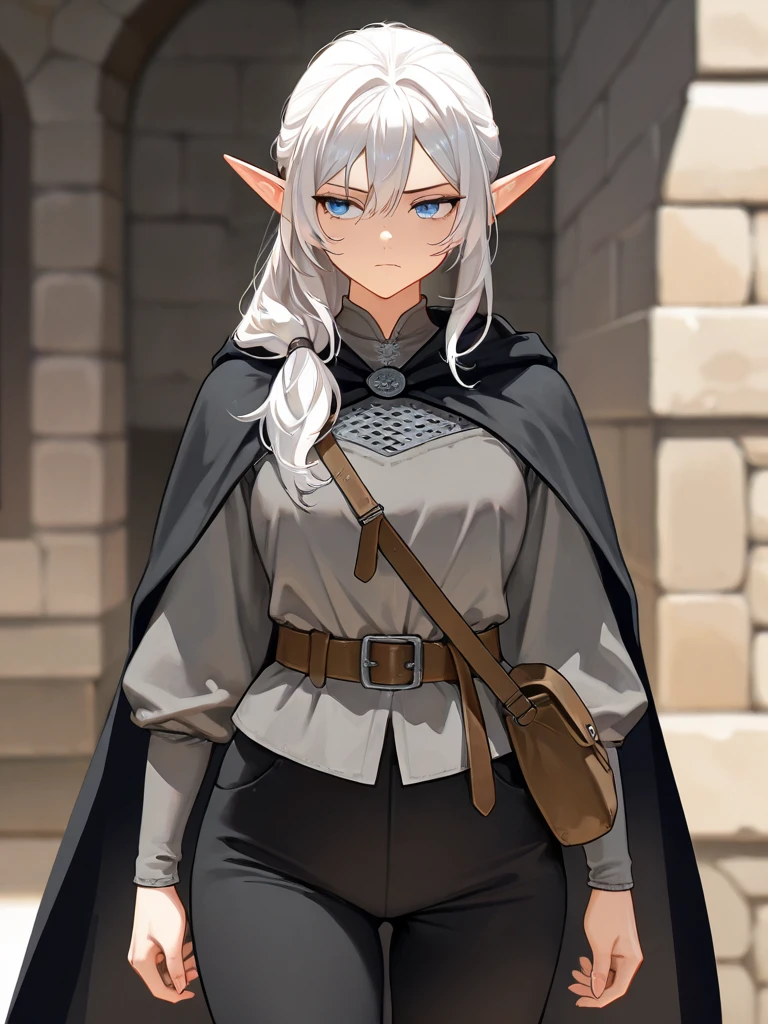    masterpiece , newest ,    safe,    Beautiful woman   ,  white hair,    blue eyes   ,  elf, ,    medieval black shirt ,  shirt , hair collected   ,    cunning look   ,  waist bag   ,   medium length hair ,  black pants ,    Beautiful woman ,  elf, ,    medieval grey shirt  ,  shirt,    cunning look ,  waist bag   , короткие hair collected   в ponytail,  black pants     masterpiece   , newest ,     safe,     Beautiful woman  , ,    medieval grey shirt   ,     cunning look   ,   waist bag  ,   medium length hair , black fabric pants    ,     1girl,        One girl, Shoulder length  ,   Head slightly tilted ,  belt on her belt ,  black cape,  serious face 