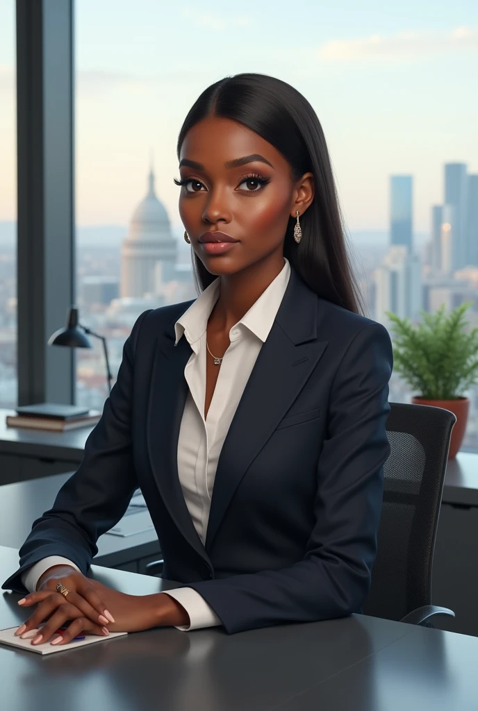 (Best quality, 4k, 8k, high resolution, masterpiece : 1.2), ultra-detailed, (Realistic, hyperRealistic:1.5, photorealistic:1.5), (((bureau moderne dans un gratte-ciel d'une grande ville futuriste, femme d'affaires africaine assise devant son bureau, femme noire Soudanaise:1.8, Nyakim Gatwech:1.9))), femme 35 ans, beautiful detailed eyes, gorgeous detailed lips, Beautiful detailed face, extremely detailed eyes, Extremely detailed face, longs cils, longues jambes, corps sublime, assise sur une fauteuil moderne de bureau luxueux, High quality, masterpiece, beaux habits complexes, slender body, poitrine push-up, belle silhouette, femme sublime:1.2, intelligent and serious woman:1.7, ((textures de peau naturelles, hyperRealistic)), Soft light, intense and penetrating gaze:1.2, pose seriesuse, very long hair