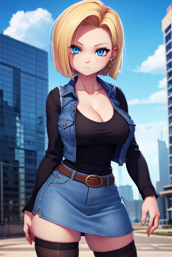 android 18, android 18, blonde hair, blue eyes, eyelash, hoop earrings, short hair, earrings, break belt, black legwear, black shirt, breast pocket, cleavage, clavicle, denim, denim skirt, high-waist skirt, jewelry, long sleeve, pocket, shirt, shirt tucked in, skirt, striped, striped sleeves, waistcoat,, break outdoors, city, null, cloud, sun, break looking at viewer, (cowboy shot:1.5), break (masterpiece:1.2), highest quality, High resolution, unity 8k wallpaper, (figure:0.8), (beautiful and fine eyes:1.6), highly detailed face, perfect lighting, Very detailed CG, (perfect hands, perfect anatomy)