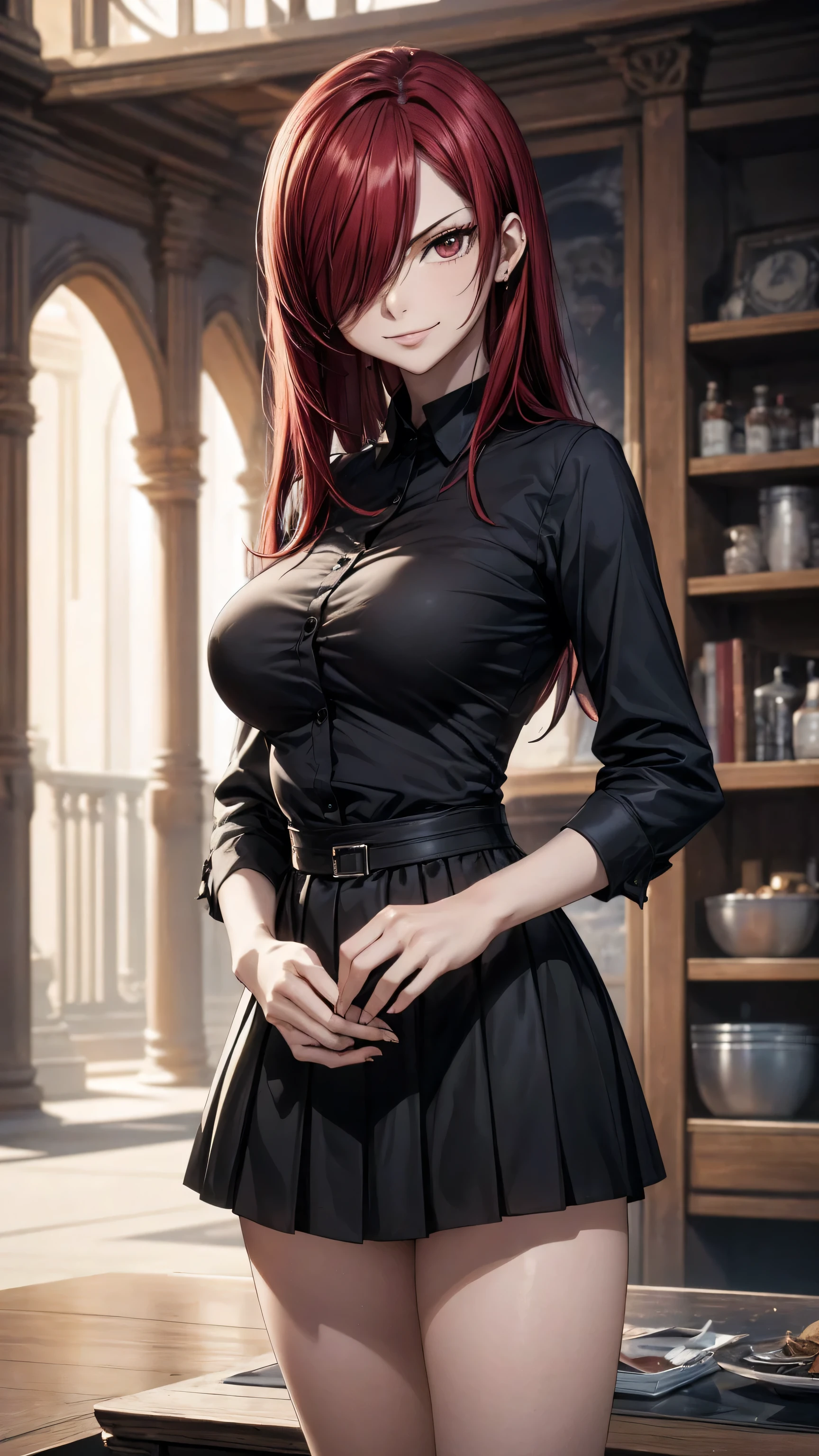 Erza Scarlet, (((red hair, long hair, hair over one eye, Hd Browns eyes))), ((((casual black shirt, black skirt,dress modestly)))), has model style, oppai, full cosplay, Ultra HD Quality, ((sharp face)), official art, beautiful, ((mature, 30 years old)), evil smile, ((big round breast)), perfect body, ((Ultra HD Quality Wallpaper, HD picture, 16k Quality Wallpaper)), 1 female, solo, female, ((1 woman, 1 female, ((solo)), one female, 1 woman)), detailed face, detailed art, (((standing model pose))), hd background, half body, (((Evil Smile))), (((masterpiece, best quality:1.2))), 1girl, solo, ultra high resolution, 8K, 16K, ultra high quality, RAW photo, ((extremly detailed)), high quality, charm, asian girl face, beautiful, the best lightin, the best proportion pose, soft light, natural light, detailed light, realistic light, Professional, Amazing, the best visual, enhance, ultra-high detail, 8K, 16K, ultra-high realistic, high resolution, the best resolution, high rendering realistic, detail hands, detail anatomy, detail face, detail body, (high detail), detail arms, (high detail fingers), the best proportions, detail nails, (detail intricated), ((potrait)), the best pictures, the best images, hdr, dslr, fix , fit, full color,