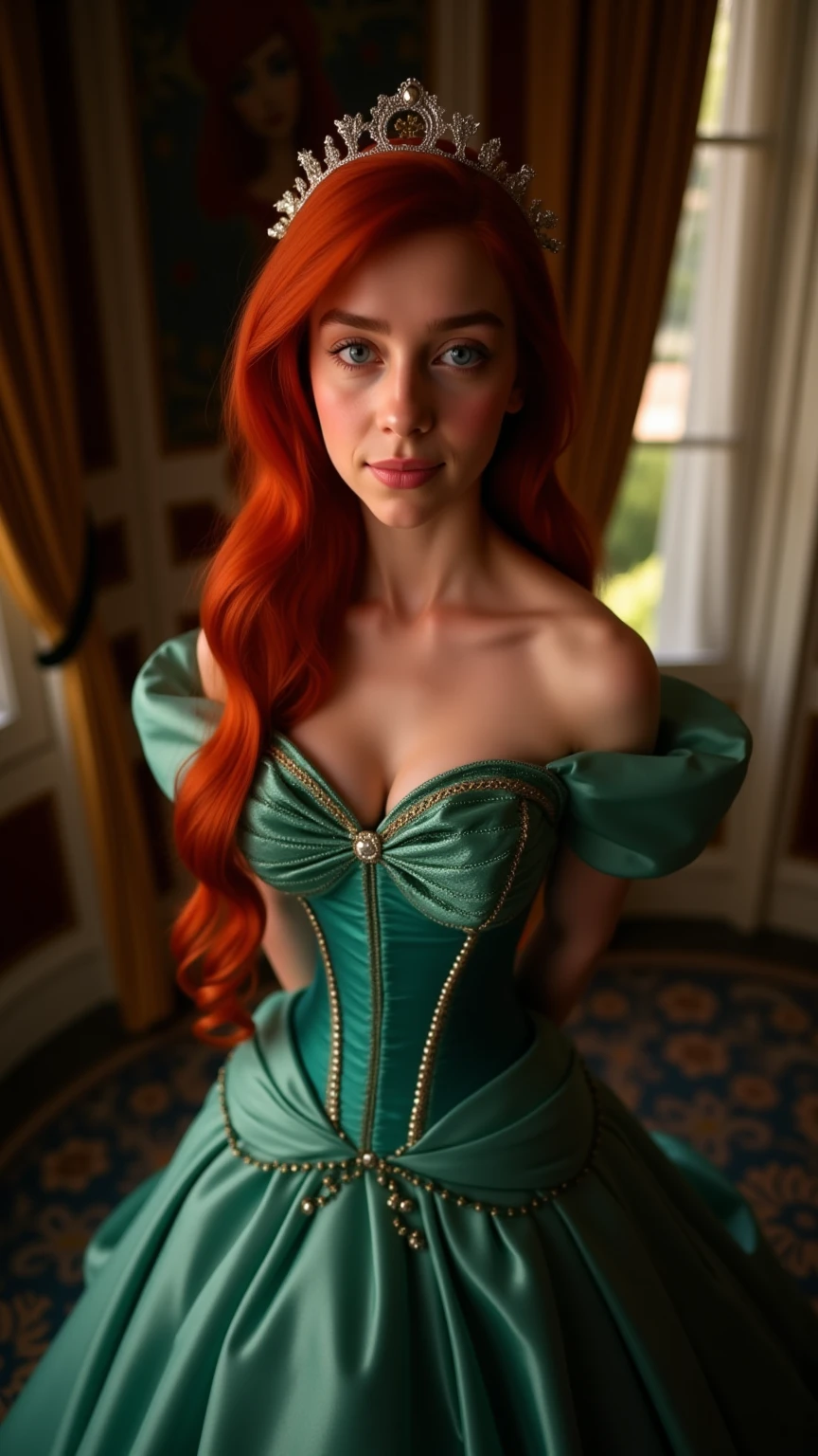 Very Close-up high angle portrait  with a fish eye lens of a busty figure, a young   in a ariel costume, ornate ball gown, ((18 years old with tiny breasts; Disney princess Ariel costume; glued to the body; beautiful and elegant; tiny breasts; red hair swept to the side))) and piercing gaze, standing in a dimly lit palace room with ornate designs and a high ceiling, with just a hint of early morning sunlight peeking through the windows. She stands firm, hands clasped behind her back, as she gives a slight  smile. The lighting in the room is dim with a lot focus on her tiny breasts