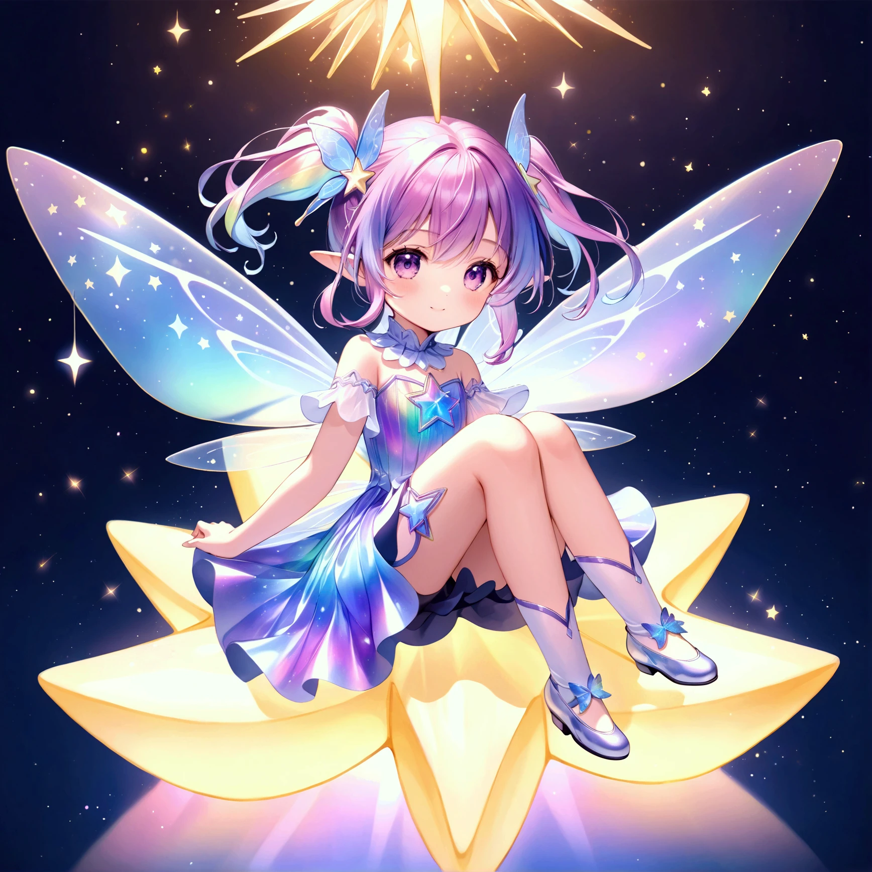  cute girl deformed　Fairy with a star motif 　 flying through the sky while sitting on a star 　 sparkle　 iridescent hair　Wearing spats　Sitting on a translucent five-pointed star