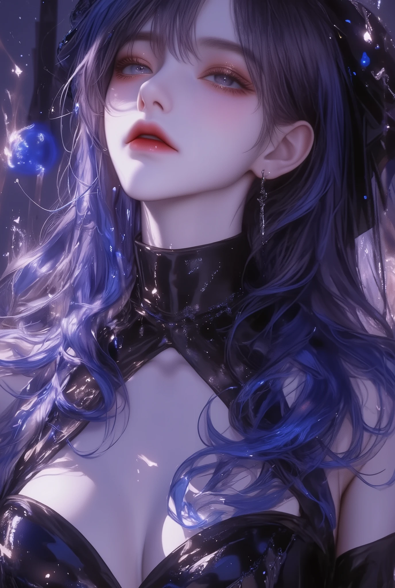 Aesthetic，atmosphere，Beauty，配槍
{your prompt} --niji 6 --ar 2:3 --style raw --s 1000 --p spr1pcg，whole body，Vision，Standing，enchanting，魅惑 his entire body ，Anime girl    ，Vision，Overlooking，Lower your head， black evening dress   ,Anime boy ,anime style , Dark blue long hair with micro-curls scattered over the shoulder ，bangs， Purple Eyes，Chest，Blushing ，Smile， Sketch Style  , masterpiece,  anatomically correct, detail,  High detail ,  HD Model, 