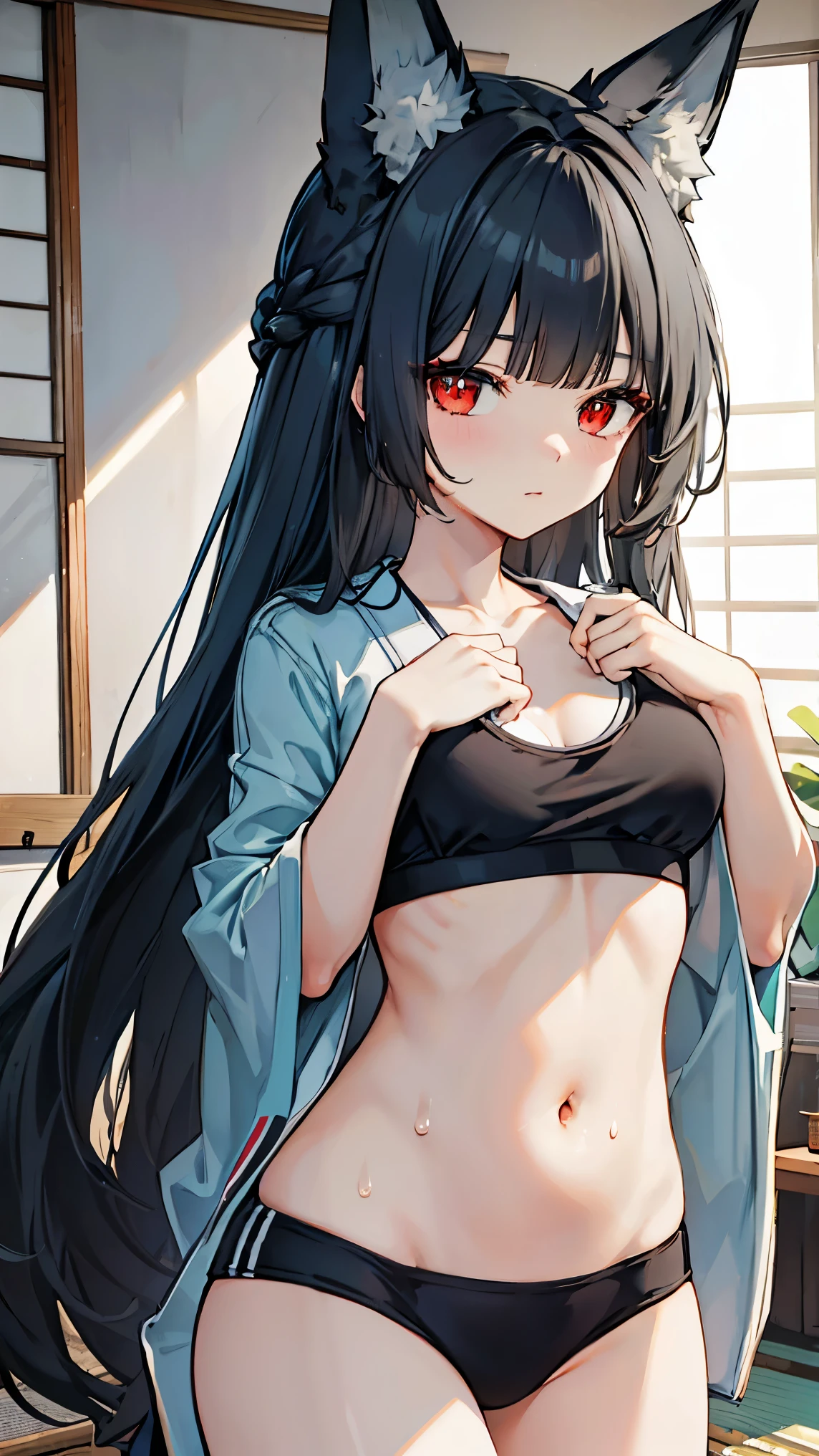 best quality 、、(Whitening skin)、 black hair, long hair, red eyes, fox ear,Petite、 slender, sports bra,, kimono,belly button,chest, slender, sweaty,Mansion,Japanese-style room, changing clothes