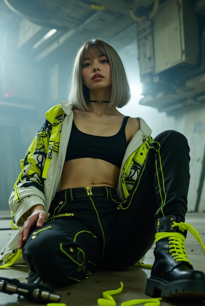 Female character with combo hair, long yellow hair and accessories, headphones, cat ears, black   