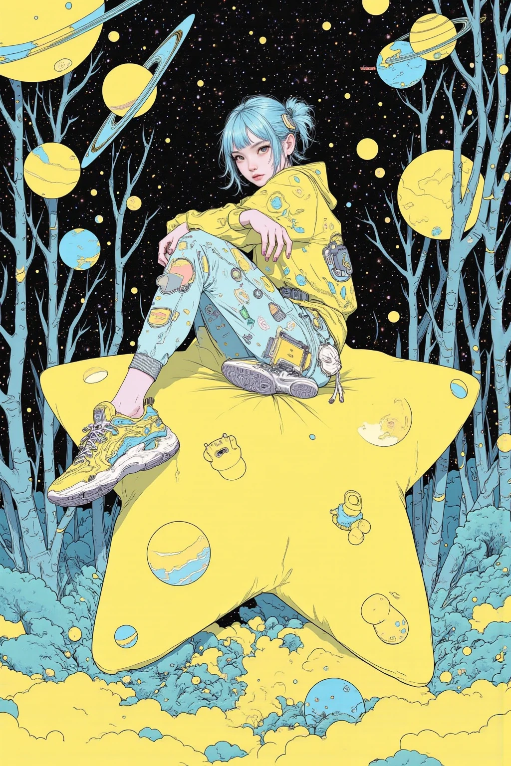 A picture of a girl sitting on a five-pointed yellow star-shaped cushion sofa is drawn,    person sitting on a star-shaped cushion  ,  The clothes are casual fashion with the theme of shooting stars and planets, and the colors are random, wearing sneakers ,Momoko Shinoda  ,  surrealism, style of hajime 空の山,   graphic details  , Empty Mountain. occult art  , hajime Empty Mountain designed girl, shohei otomo,   very very unrealistic  , Virgil Finlay's style , Asymmetric! gothic horror occult art   