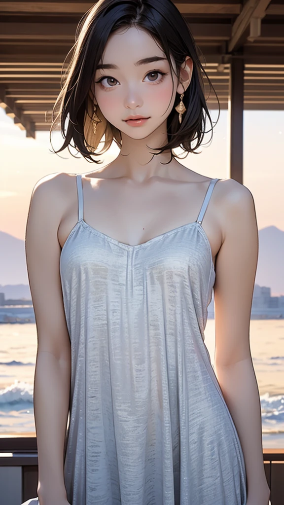 one girl, (12years old:1.4),(Very Young Face),(Japanese famous idol), cute face, ash gray hair:1.5, bob hair, short hair, camera's line of sight, small breasts, An ennui look, (((camisole, dress))) , particles of light, sea of ​​sunset, calm sea, white sand beach, very beautiful sunset, RAW photo, highest quality, High resolution, High resolution, masterpiece:1.3, 8k, 12k, professional photographer,((Extremely precise and accurate anatomy:1.0)),Kind eyes,Graceful pose,(Beauty of form:1.4) Golden ratio, big eye,(nature's providence:1.4),