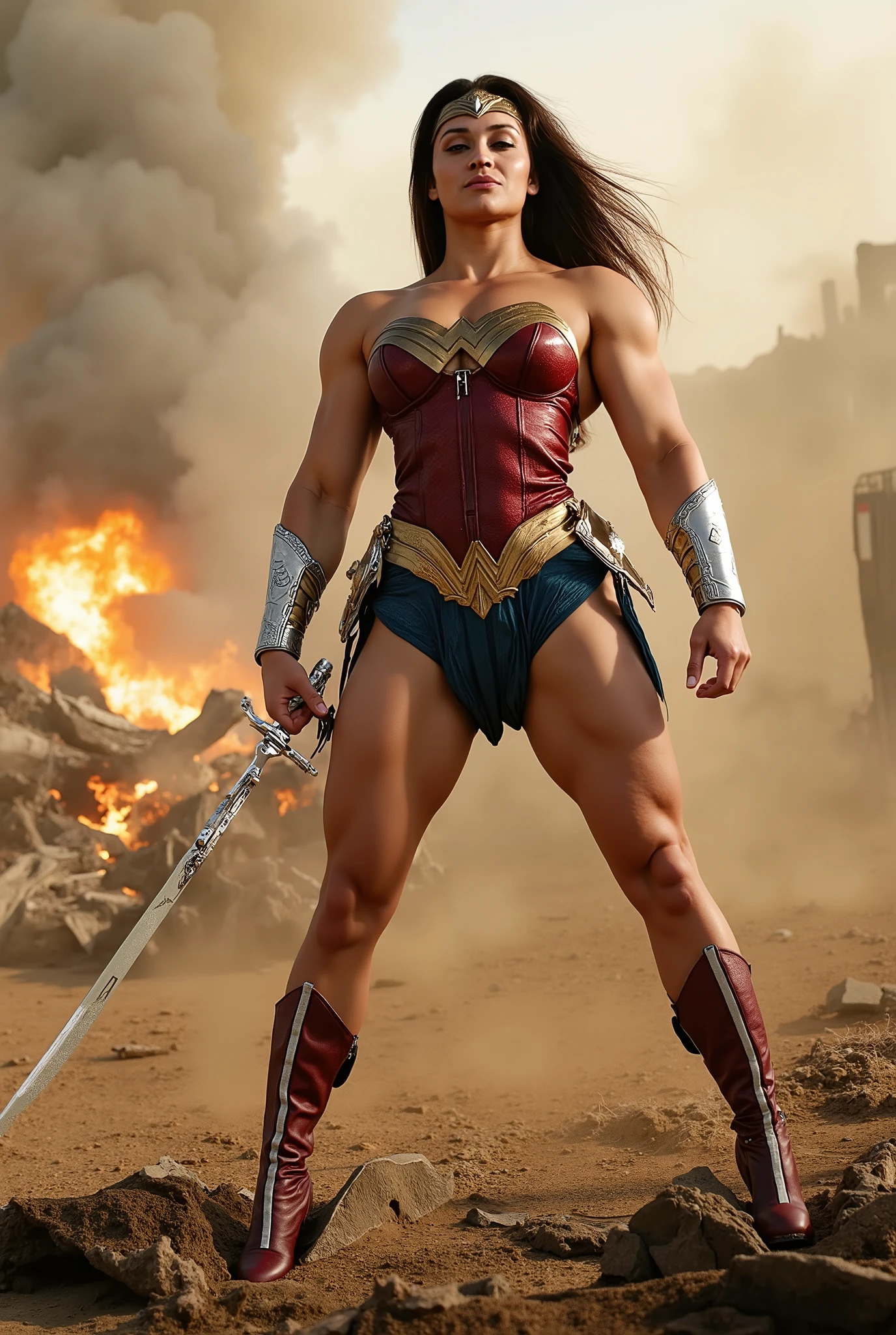 wonder woman,muscular athletic body, long dark hair, fierce expression, holding a glowing sword, fighting in a post-apocalyptic battlefield, dramatic lighting, cinematic composition, vibrant colors, (best quality,4k,8k,highres,masterpiece:1.2),ultra-detailed,(realistic,photorealistic,photo-realistic:1.37),cinematic lighting,dynamic pose,dramatic shadows,dusty environment,glowing sword,advanced armored costume,heroic,powerful,strong,intense