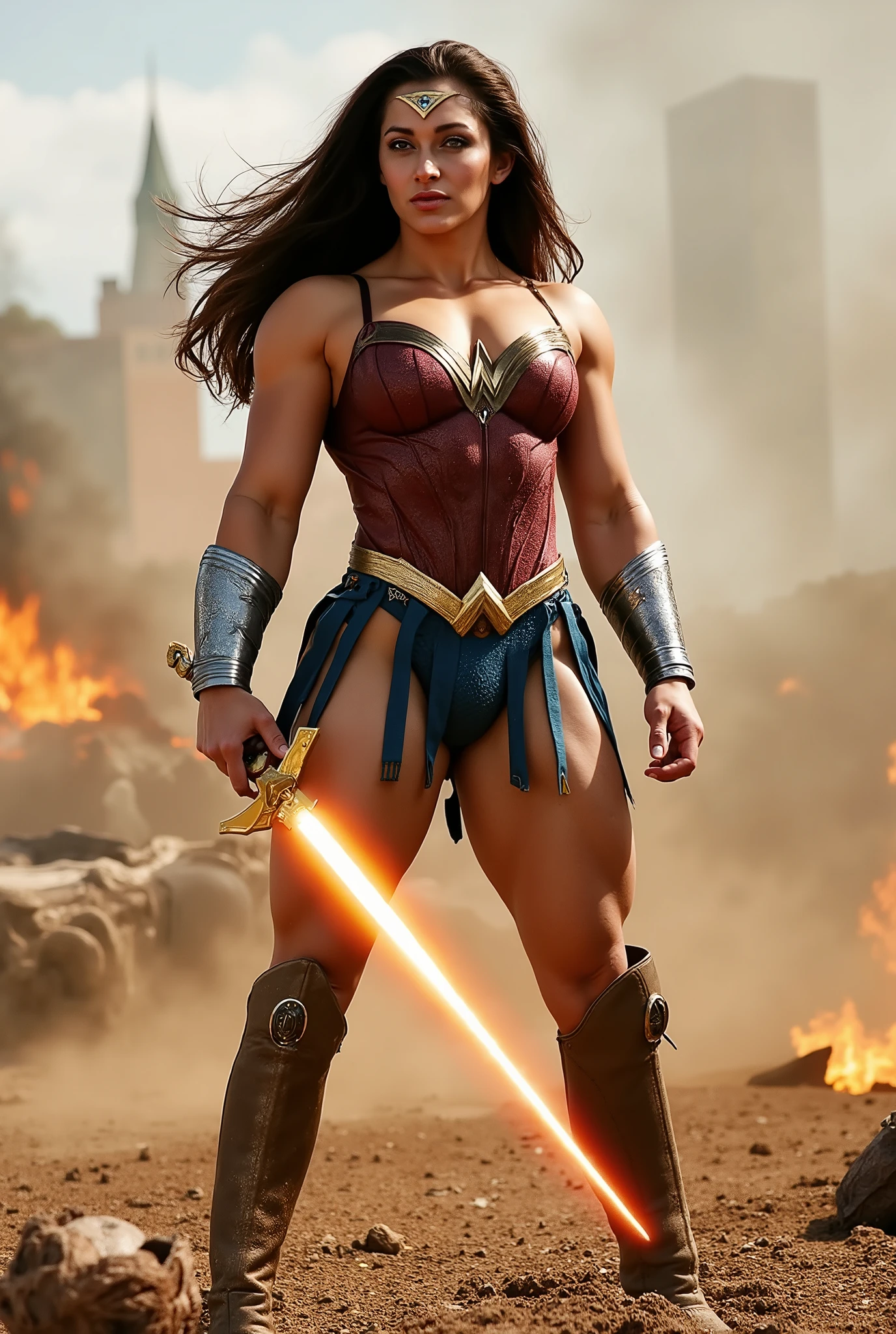 wonder woman,muscular athletic body, long dark hair, fierce expression, holding a glowing sword, fighting in a post-apocalyptic battlefield, dramatic lighting, cinematic composition, vibrant colors, (best quality,4k,8k,highres,masterpiece:1.2),ultra-detailed,(realistic,photorealistic,photo-realistic:1.37),cinematic lighting,dynamic pose,dramatic shadows,dusty environment,glowing sword,advanced armored costume,heroic,powerful,strong,intense