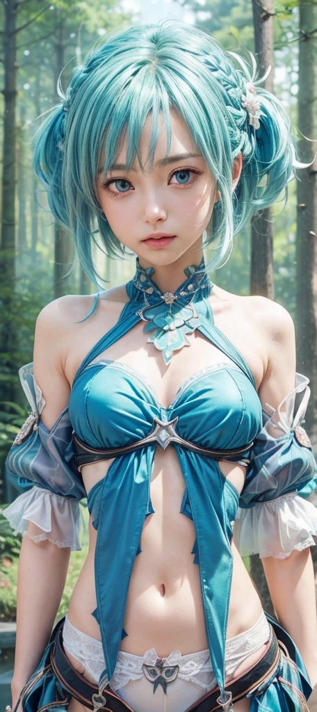 Miku Hatsune, agregar alta definición_detalle:1, pelaje azul,Orejas de Kitsune, tatuaje tribal agregar_detalle:1, pose sensual contra la pared add_detai:1, tribal feather necklage, rainbowed feather skirt, adornos de plumas tribales por el cuerpo alta definicion, tribal feather bralette