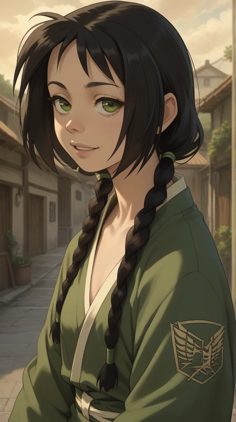 jin, 1girl, long hair, black hair, green eyes, twin braids