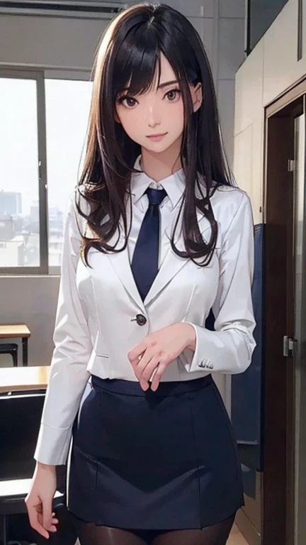 最high quality, masterpiece, 1 girl, Beautiful Face, (Photorealistic photography:1.3), Rim Light, (Skin with attention to detail:1.2), 8K Ultra HD, Digital SLR, high quality, High resolution, 4K, 8k, Bokeh, Confused, The optimal ratio is four fingers to one thumb., (Genuine:1.3), Small face, pretty girl, Black Formal Blazer, Mid-breasted, Short skirt,office