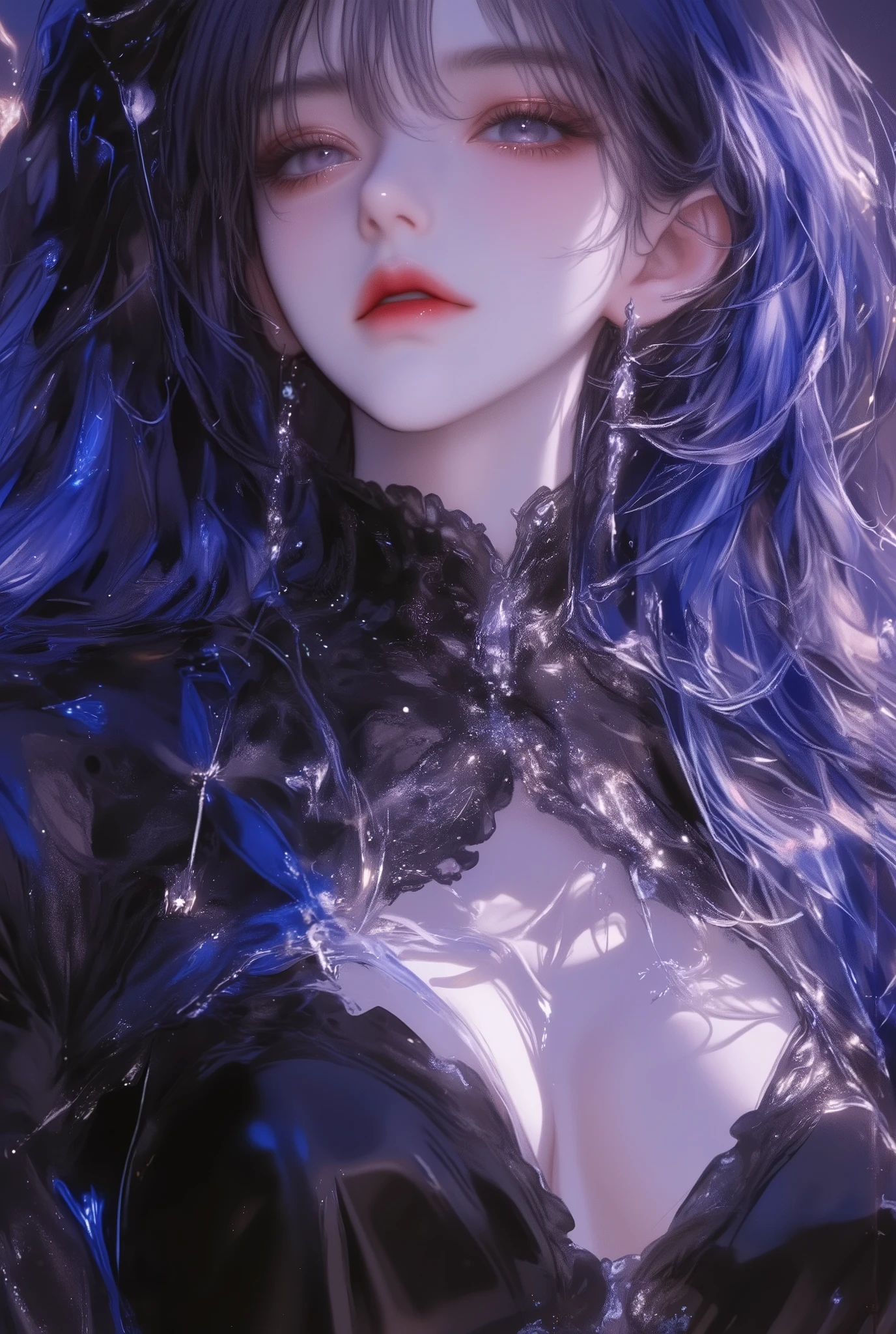 {your prompt} --niji 6 --ar 2:3 --style raw --s 1000 --p spr1pcg,whole body,Vision,Standing,enchanting,魅惑 his entire body ,Anime girl ,Vision,Overlooking,Lower your head, black evening dress ,Anime boy ,anime style , Dark blue long hair with micro-curls scattered over the shoulder ,bangs, Purple Eyes,Chest,Blushing ,Smile, Sketch Style , masterpiece, anatomically correct, detail, High detail , HD Model,