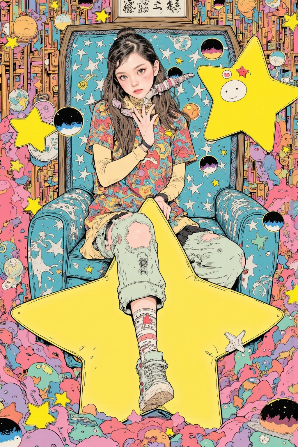 A picture of a girl sitting on a five-pointed yellow star-shaped cushion sofa is drawn,    person sitting on a star-shaped cushion  ,  The clothes are casual fashion with the theme of shooting stars and planets, and the colors are random, wearing sneakers ,Momoko Shinoda  ,  surrealism, style of hajime 空の山,   graphic details  , Empty Mountain. occult art  , hajime Empty Mountain designed girl, shohei otomo,   very very unrealistic  , Virgil Finlay's style , Asymmetric! gothic horror occult art   