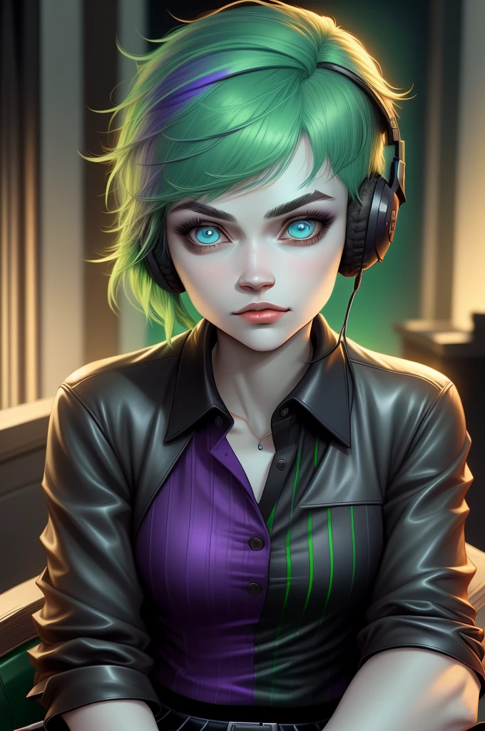 realistic anime style digital art of an 18 year old girl, bright light blue eyes, green hair with purple stripes, black skirt, bare legs, black polo shirt, brown leather jacket, looking at viewer, using gamer headset, gotham city, various other details, 16k ultra HD vivid colors masterpiece ultra cinematic resolution,white skin tone, 