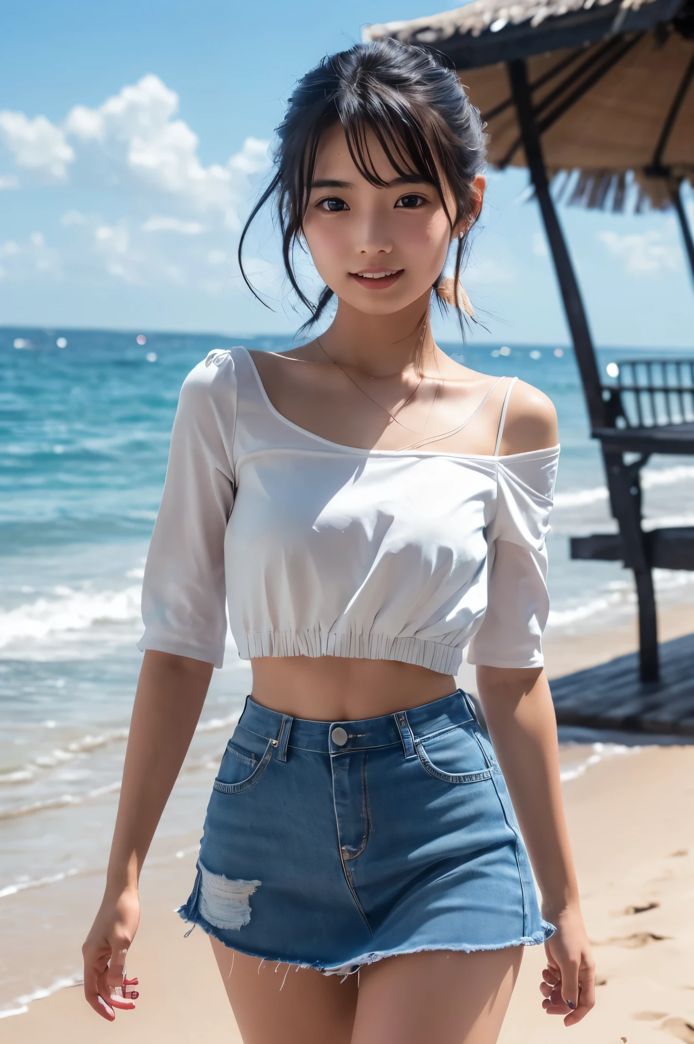An ultra-high picture quality、8K、Beautiful blue sea、Angle looking up from below、hi-school girl、Idol、Teenage pretty girl、Shy smile、Messy short brown hair、model legs、off shoulders、Sexy shirt about to come off、Nothing in the shirt、The skirt is riding up、The shirt is wet and sheer、Sharp Focus、a miniskirt、legs wide open、white panty、