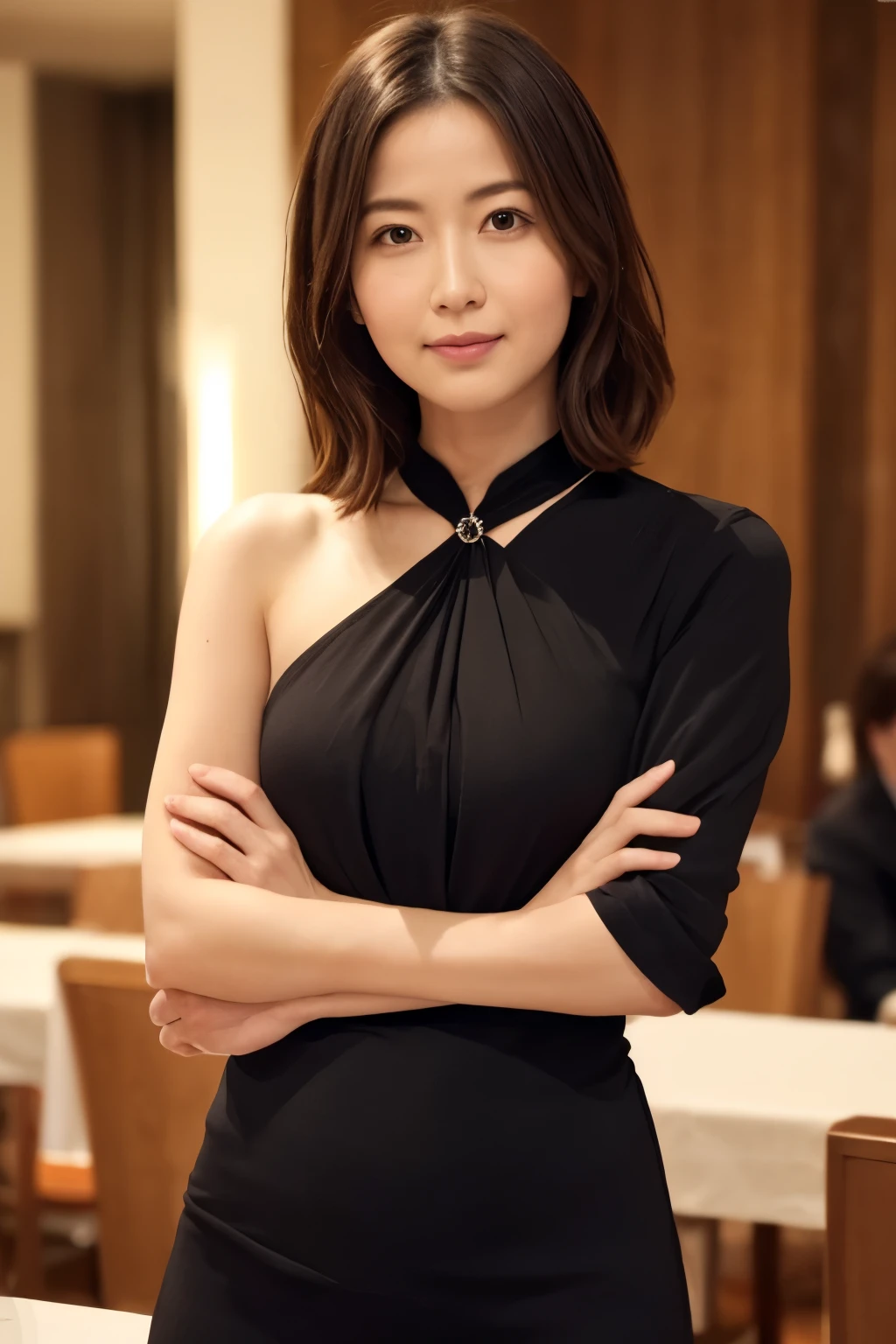 adult  woman、Brown-haired actress、Black color dress、a pixie cut、flat chest、perfect body type、A smile、face perfect、Detailed upper body concept