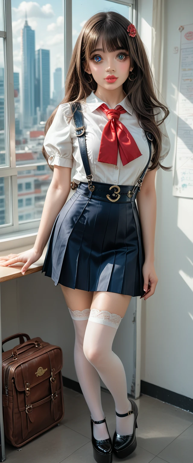 She is wearing a shiny full-body lace high school uniform.、very short lace uniform skirt、The fabric is thin so you can see your skin through it.、her outline is clearly visible、Emphasis on body lines、A dark-haired、Bun head