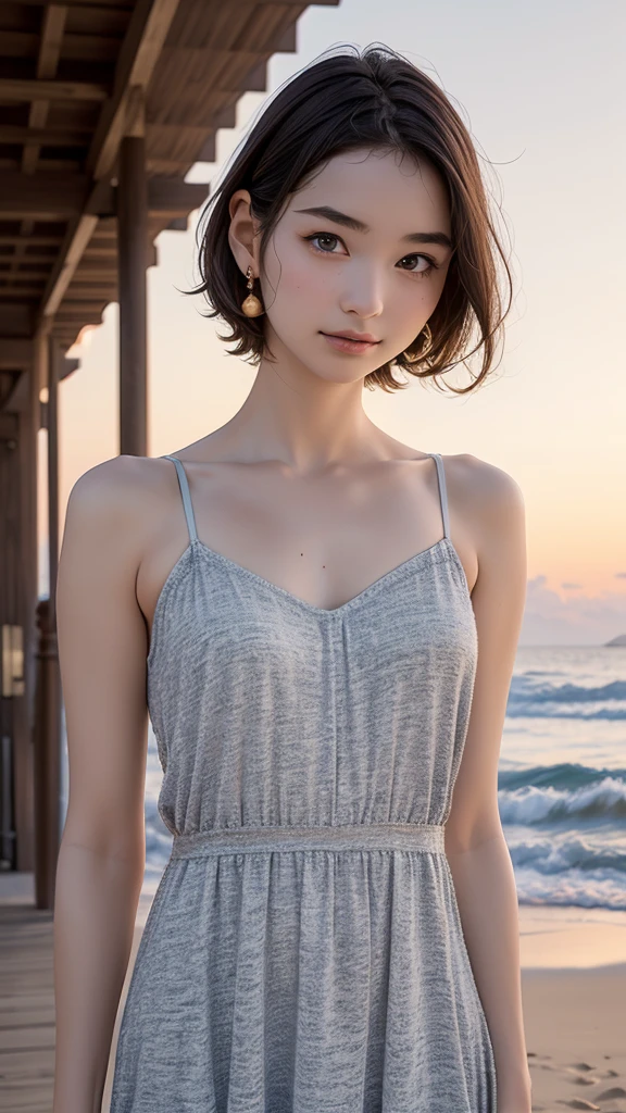 one girl, (12years old:1.4),(Very Young Face),(Japanese famous idol), cute face, ash gray hair:1.5, bob hair, short hair, camera's line of sight, small breasts, An ennui look, (((camisole, dress))) , particles of light, sea of ​​sunset, calm sea, white sand beach, very beautiful sunset, RAW photo, highest quality, High resolution, High resolution, masterpiece:1.3, 8k, 12k, professional photographer,((Extremely precise and accurate anatomy:1.0)),Kind eyes,Graceful pose,(Beauty of form:1.4) Golden ratio, big eye,(nature's providence:1.4),