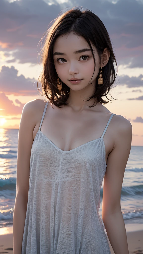 one girl, (12years old:1.4),(Very Young Face),(Japanese famous idol), cute face, ash gray hair:1.5, bob hair, short hair, camera's line of sight, small breasts, An ennui look, (((camisole, dress))) , particles of light, sea of ​​sunset, calm sea, white sand beach, very beautiful sunset, RAW photo, highest quality, High resolution, High resolution, masterpiece:1.3, 8k, 12k, professional photographer,((Extremely precise and accurate anatomy:1.0)),Kind eyes,Graceful pose,(Beauty of form:1.4) Golden ratio, big eye,(nature's providence:1.4),