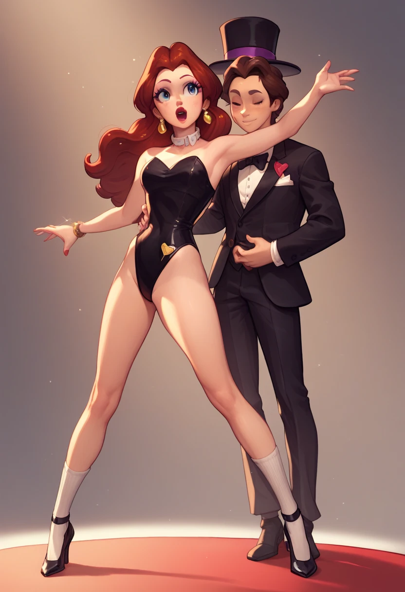 Cute Pauline wearing a sparkling black tuxedo leotard, black Mary Jane strap tap heels with white socks,,performing on stage, black mix with brown hair, eyes are centered, black bow with a white collar around her neck, while tap dancing, black top hat, black cane on her right hand to tap dance