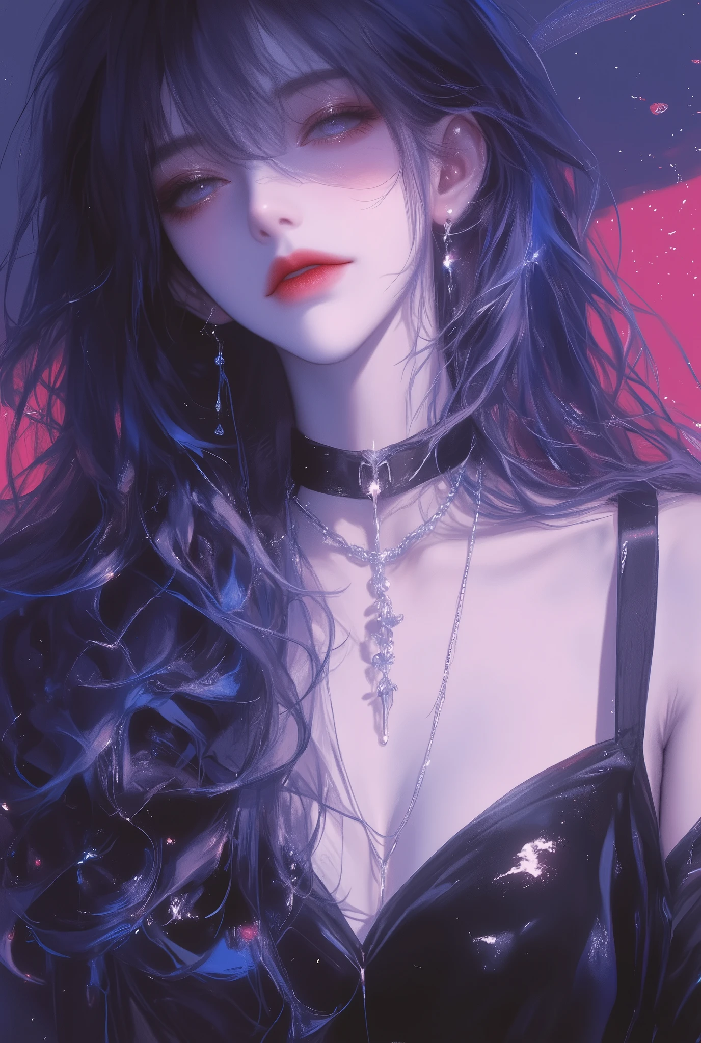 {your prompt} --niji 6 --ar 2:3 --style raw --s 1000 --p spr1pcg，whole body，Vision，Standing，enchanting，魅惑 his entire body ，Anime girl    ，Vision，Overlooking，Lower your head， black evening dress   ,Anime boy ,anime style , Dark blue long hair with micro-curls scattered over the shoulder ，bangs， Purple Eyes，Chest，Blushing ，Smile， Sketch Style  , masterpiece,  anatomically correct, detail,  High detail ,  HD Model, 