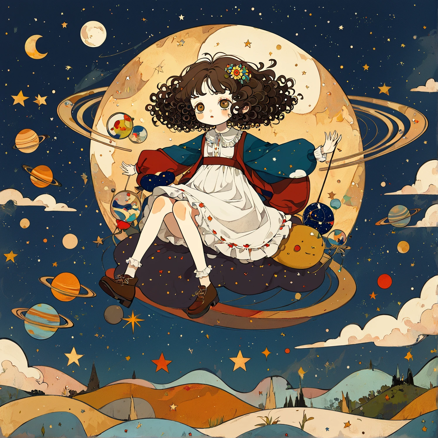 Girl Riding a Star, outdoor, fly to the moon, 1 dolly girl,  fat, brown eyes, forehead, black messy curly bob hair, drooping eyes, very cute, floral long-skirt, sit on planet, Egon Schiele: Expressionism style, Wassily Kandinsky: abstract style, Gustav Klimt: art-nouveau style,