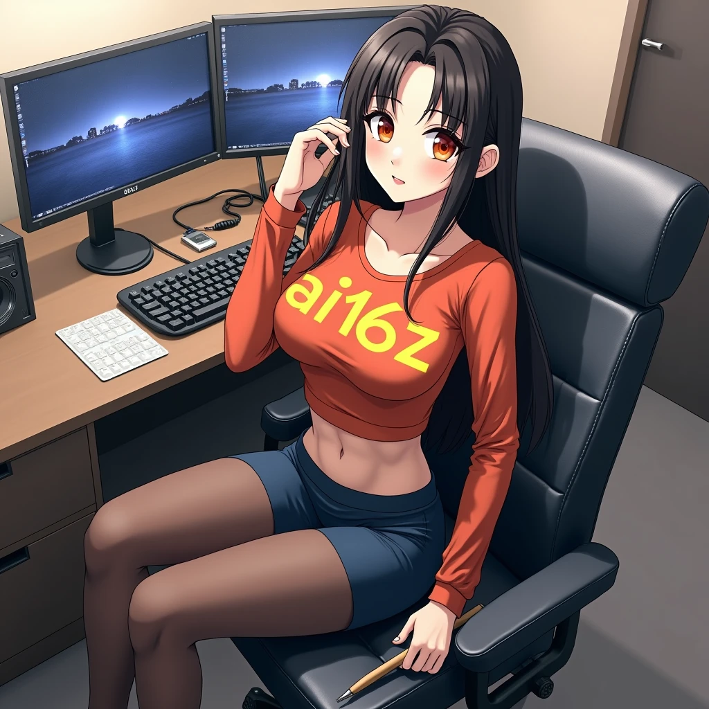 long curly brown hair, brown eyes, sitting at desk, gamer headset, gamer phone, pale skin, thick thighs, tank top, shorts, big chest, up close