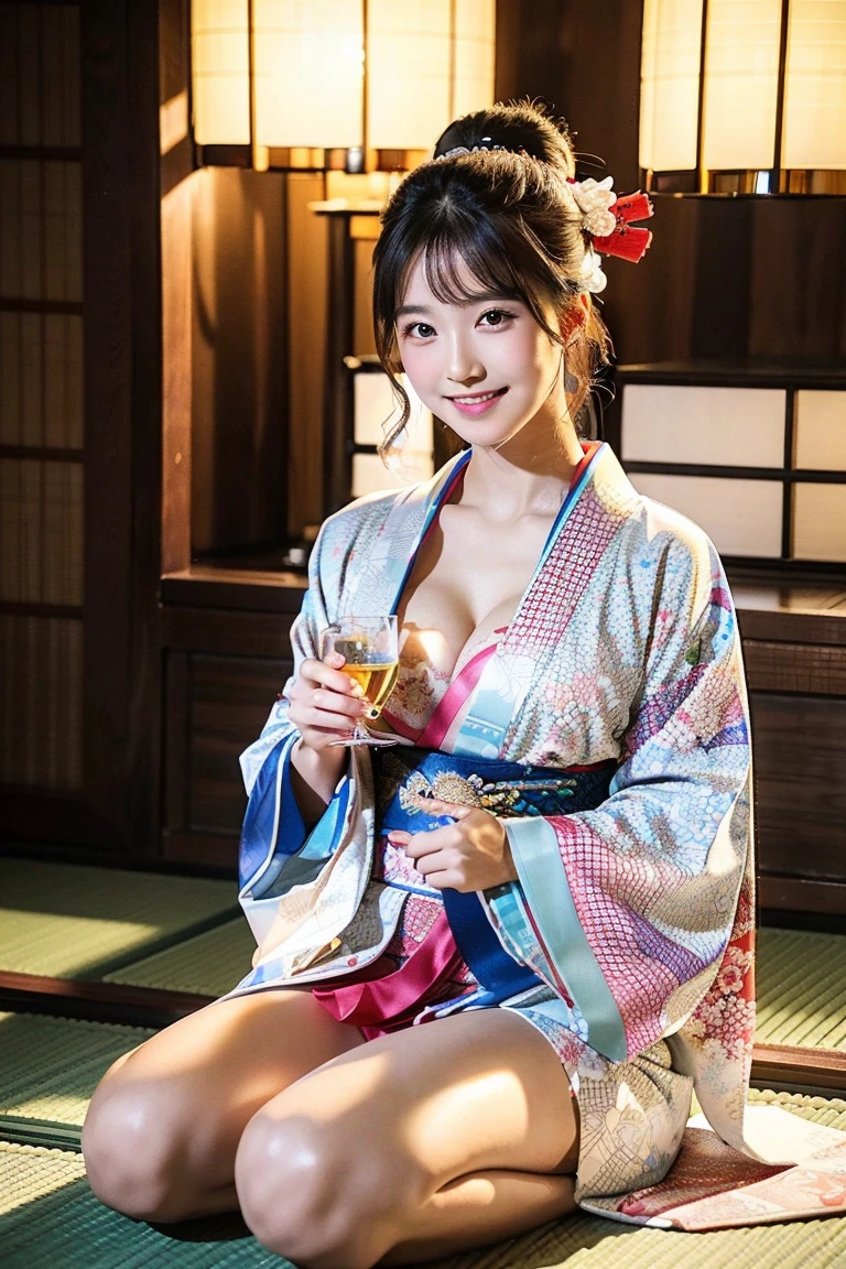 (high quality:1.2,Ultra-realistic) 、Detailed face、Detailed eyes、Beautiful Japanese Woman、22 years old、Black Hair,(Cleavage:1.2)、(nipples slip),The chest is on the table、ryokan, BREAK (wearing floral pattern Japanese yukata,obi),((ryokan yukata,onsen yukata),Sitting at the table,  (Big smile,Happy expression:Pure joy). she has (Bobcut hair) and、 (Holding a large beer mug on the table)、(no bra,braless:1.3),(blushing:1.5),