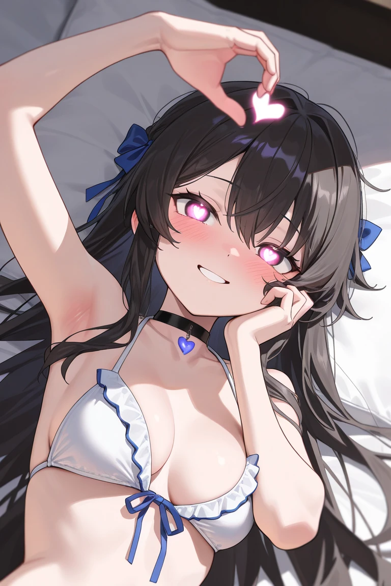 masterpiece, highest quality,One Girl,honkai_(series), Simple_background,head_ribbon,in, 髪clip,Bed,underwear