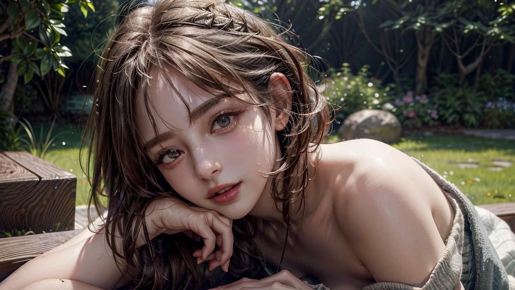 18-year-old beautiful girl，Square face joke，brunette color hair，cold light，closeup of face，mountain peaks，ln the forest，Hand pull flowers，small stream，grassy fields ，Stand next to the camellia，Hand pick a flower，A high resolution, naked portrait,  nude photography, shiny nipple 