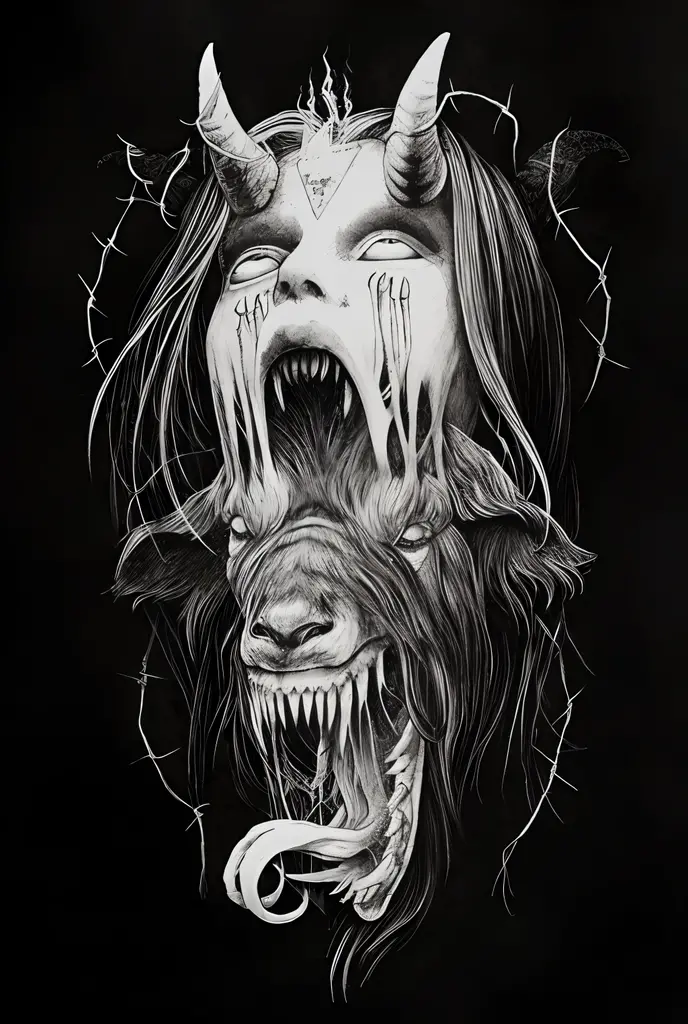 Drawing of a demon with horns and teeth on a black background, arte escura altamente detalhada, Marcos Riddick, horror illustration, dark illustration, arte detalhada, arte macabra, Black Metal Aesthetics, arte de terror elegante, nightmarish illustration, intricate charcoal illustration, arte de terror 4k detalhada, estilo black metal, ((((Arte oculta)))), arte de terror de fantasia sombria