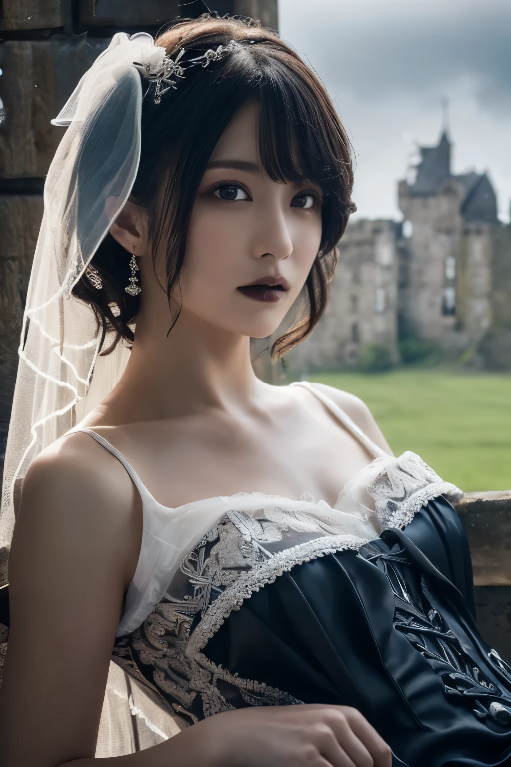 1 girl, ( wearing a gothic wedding dress :1.2), (Veil), A very beautiful portrait of a Japanese singer, ( Lying Down ),
( RAW photos, best quality ), ( realistic, realistic:1.4), (masterpiece),
so delicate and beautiful, VERY DETAILED, 2k wallpaper, amazing, finely, VERY DETAILED CG Unity 8K wallpaper, VERY DETAILED, High Resolution , Soft light,
girl with beautiful details wearing a navy blue blouse, VERY DETAILED目と顔, beautiful and sophisticated nose , beautiful beautiful eyes under the sun, movie lighting,
( Scottish castles:1.3), ( overcast, monotone dark screen standing in an old Scottish castle :1.3), (Thick Fog),
(Short hair), Perfect Anatomy, slender body, ( small breasts), whole body
