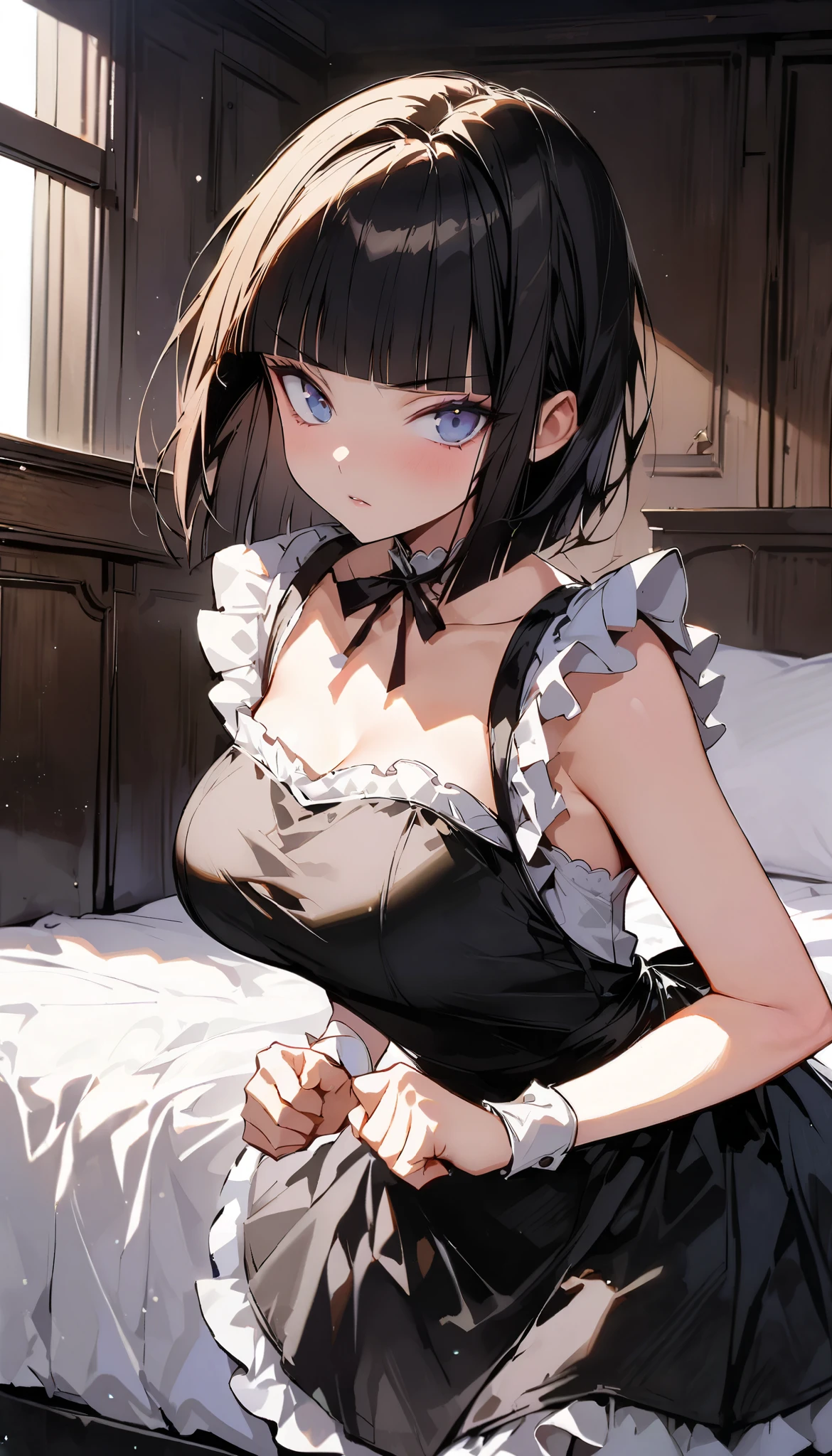 1girl, solo, (maid outfit:1.3), (maid headdress:1.3), breasts, green eyes, black hair, short hair, cleavage, happy, smile, parted lips, large breasts, curvy, ( hands between legs:1.3), depth of field, sharp focus, soft lighting, hdr, colorful, good composition,  on a bed, <lora:fubukiLora_fubukiV1:0.7><hypernet:sgqo1n:1>