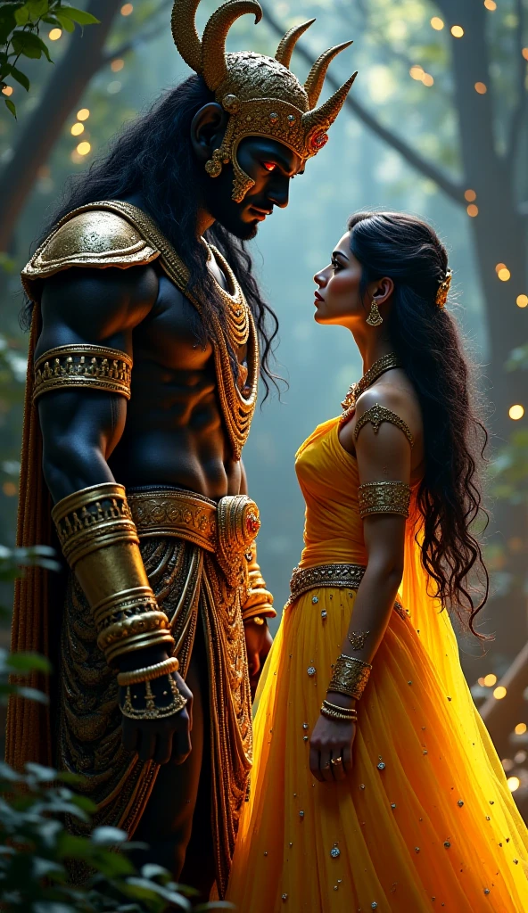2 warriors facing a horde of goblins and zombies , Warriors must have black hair and golden armor., with 2 black swords, one is fire and the other is lightning