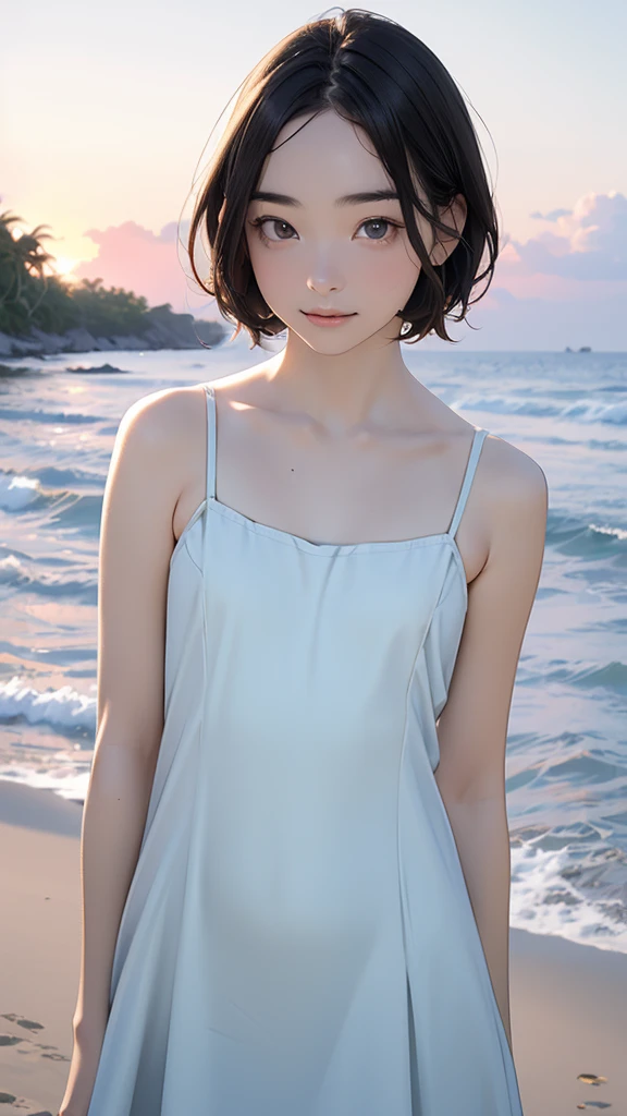 one girl, (12years old:1.4),(Very Young Face), (japan Person famous idol), cute face, ash gray hair:1.5, bob hair, short hair, camera's line of sight, small breasts, An ennui look, (((camisole, dress))) , particles of light, sea of ​​sunset, calm sea, white sand beach, very beautiful sunset, RAW photo, highest quality, High resolution, High resolution, masterpiece:1.3, 8k, 12k, professional photographer,((Extremely precise and accurate anatomy:1.0)),Kind eyes,Graceful pose,(Beauty of form:1.4) Golden ratio, big eye,(nature's providence:1.4),