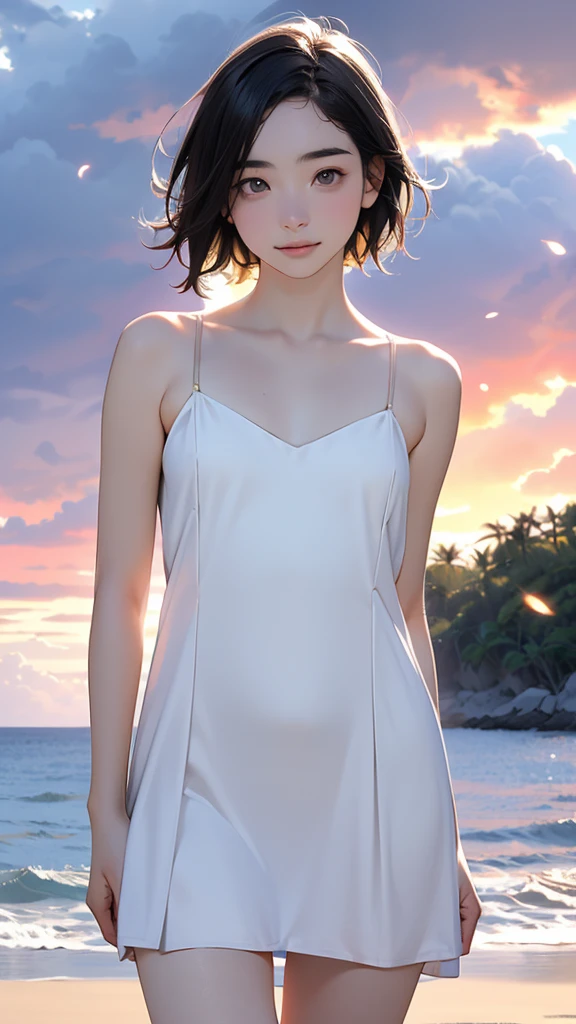 one girl, (12years old:1.4),(Very Young Face), (japan Person famous idol), cute face, ash gray hair:1.5, bob hair, short hair, camera's line of sight, small breasts, An ennui look, (((camisole, dress))) , particles of light, sea of ​​sunset, calm sea, white sand beach, very beautiful sunset, RAW photo, highest quality, High resolution, High resolution, masterpiece:1.3, 8k, 12k, professional photographer,((Extremely precise and accurate anatomy:1.0)),Kind eyes,Graceful pose,(Beauty of form:1.4) Golden ratio, big eye,(nature's providence:1.4),