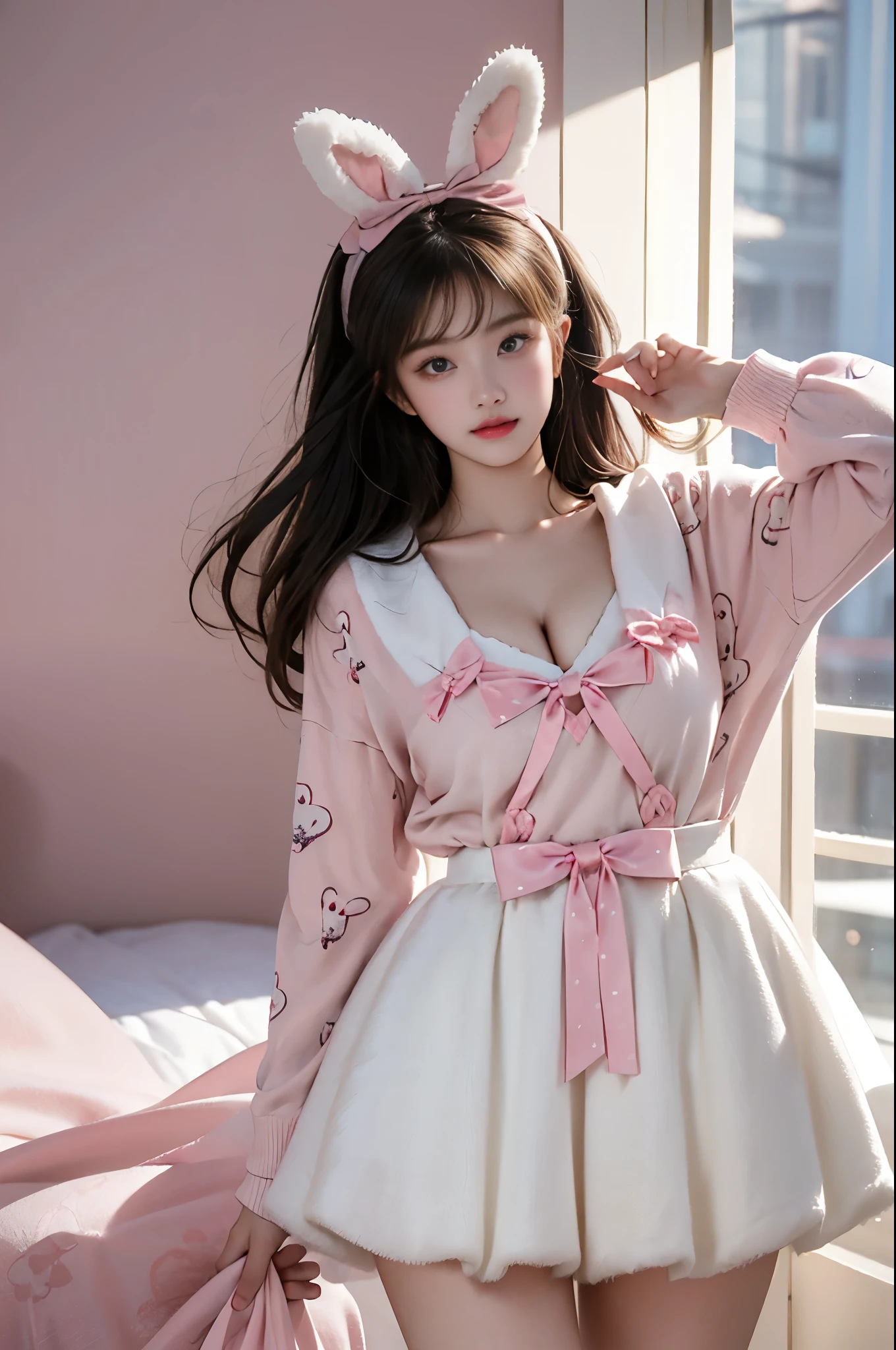cyb dress,rabbit dress,white dress,rabbit skirt,shirt,animal print shirt,long sleeves,bow,pink bow,rabbit ears,rabbit print ((Portrait-oriented, focusing on the subject's body above the calves)), (from below:1.2), (Full chest, deep V-neck, visible cleavage), (I-type Valley), (Very short hemline, revealing smooth thighs), Realistic beautiful woman, sexy long-legged model, standing gracefully with elegance. while one hand elegantly lifts the hem of her skirt up to her thigh. soft natural makeup, and her hair flows beautifully in the gentle breeze. Photorealistic lighting and shadows, high detail, 4K resolution.